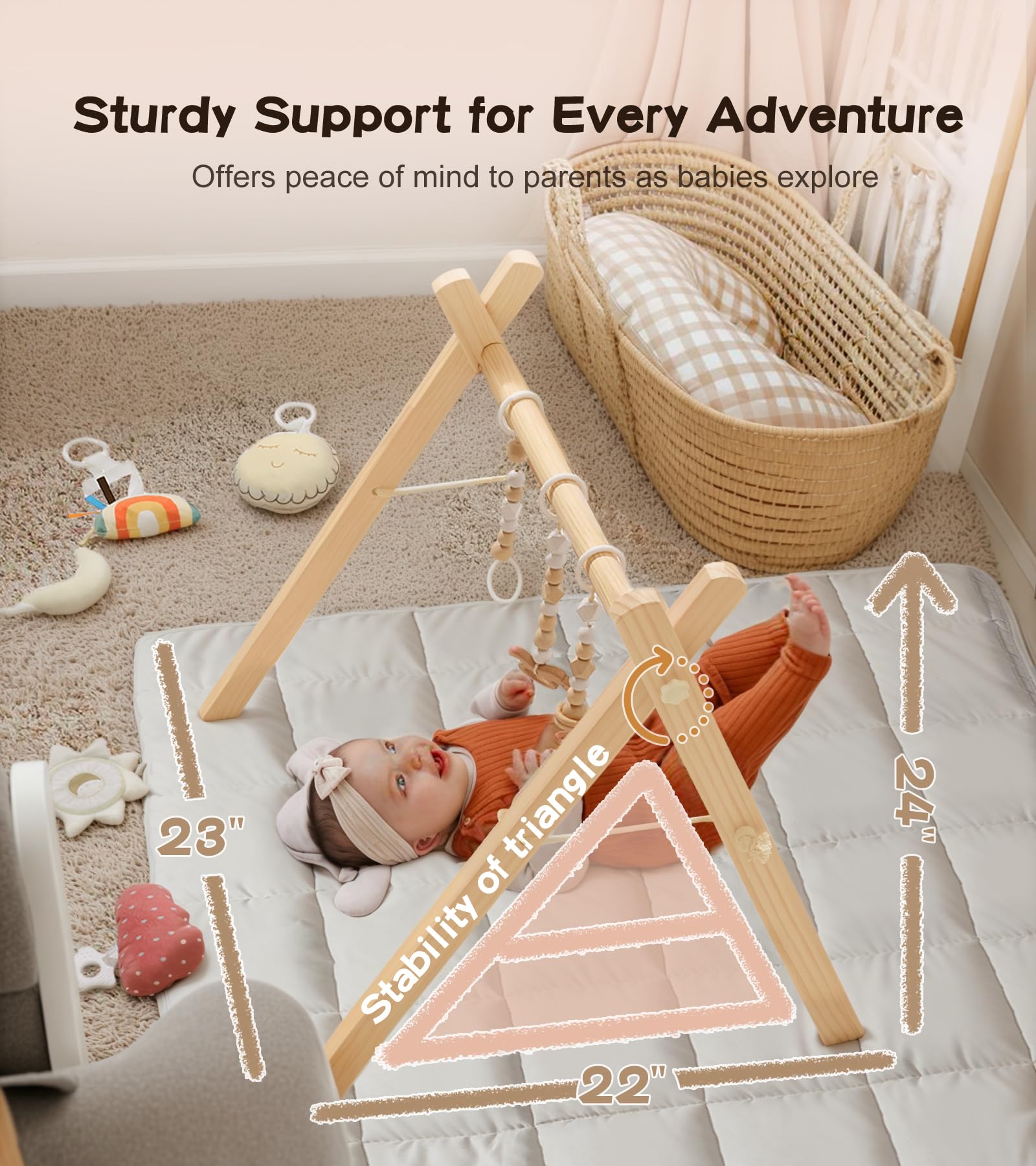 Wooden Play Gym with 9 Sensory Toys, Foldable Baby Play GymFrame
