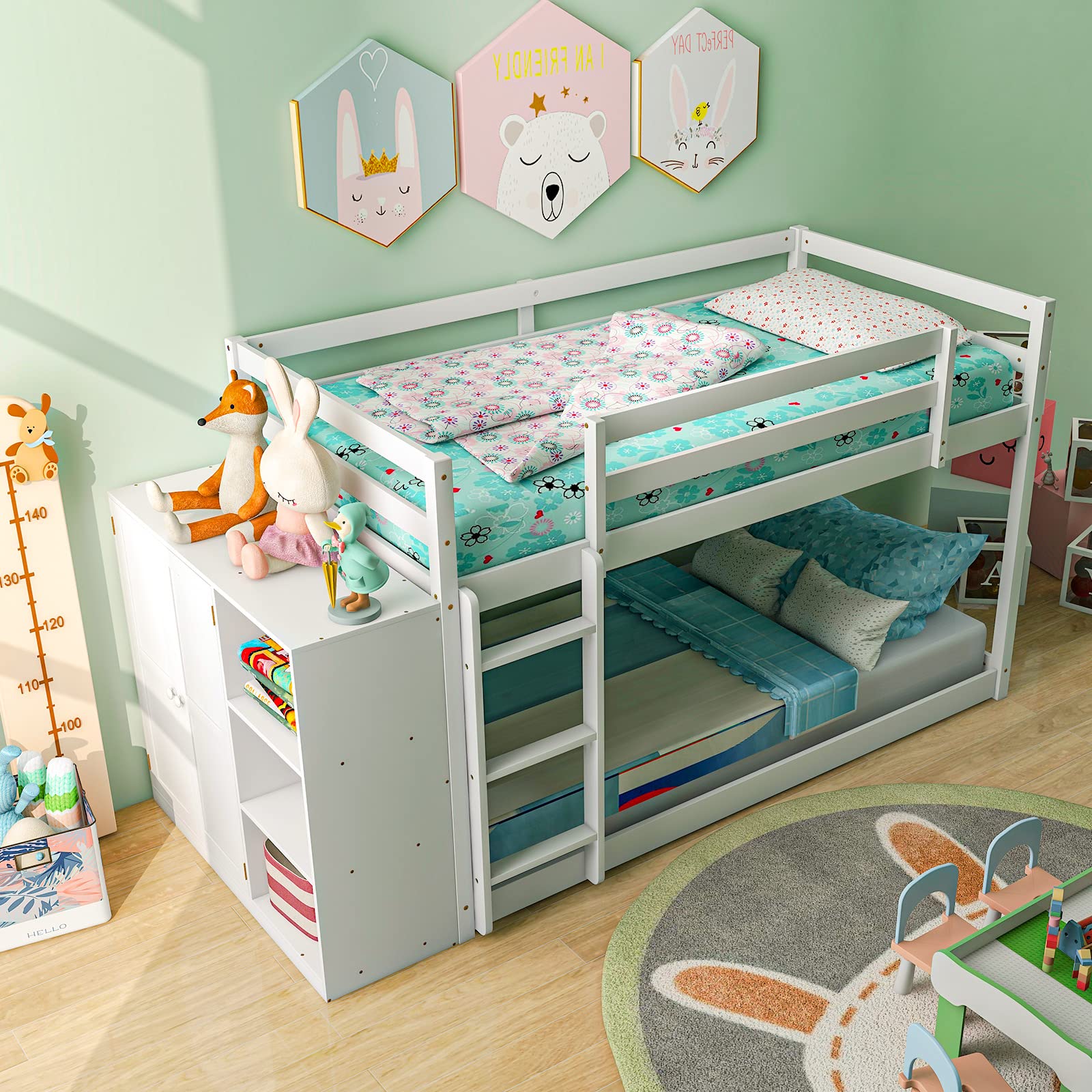Twin Over Twin Bunk Bed with Storage Shelves, Solid Wood Bunk Bed Frame