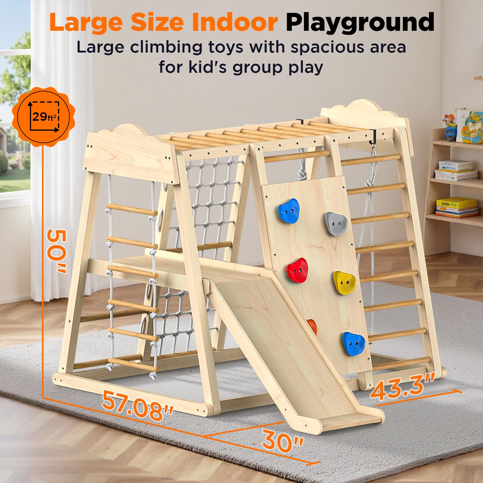 8-in-1 Wooden Indoor Jungle Gym with Swing and Slide