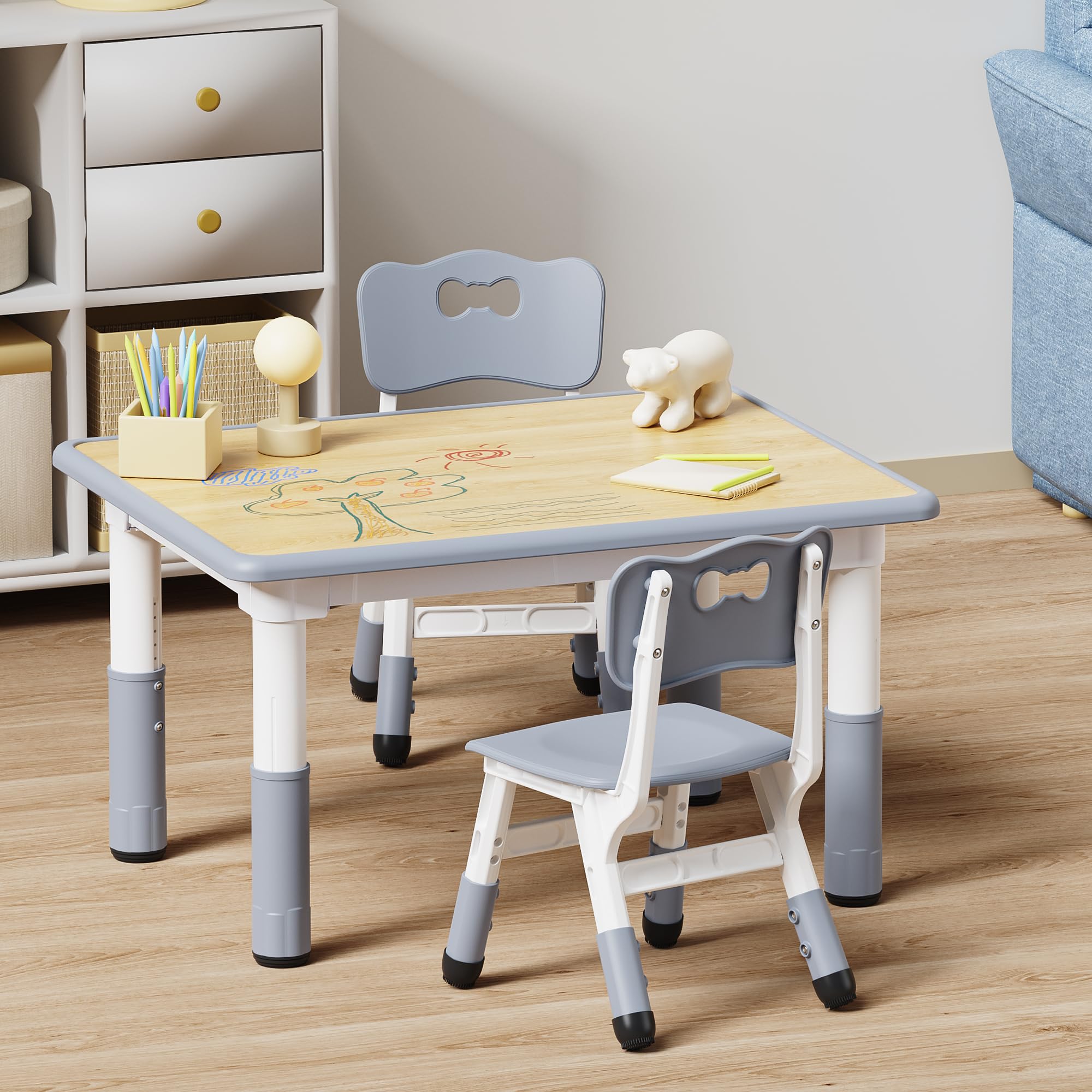Table and 2 Chairs Set, Height Adjustable Toddler Table and Chair Set