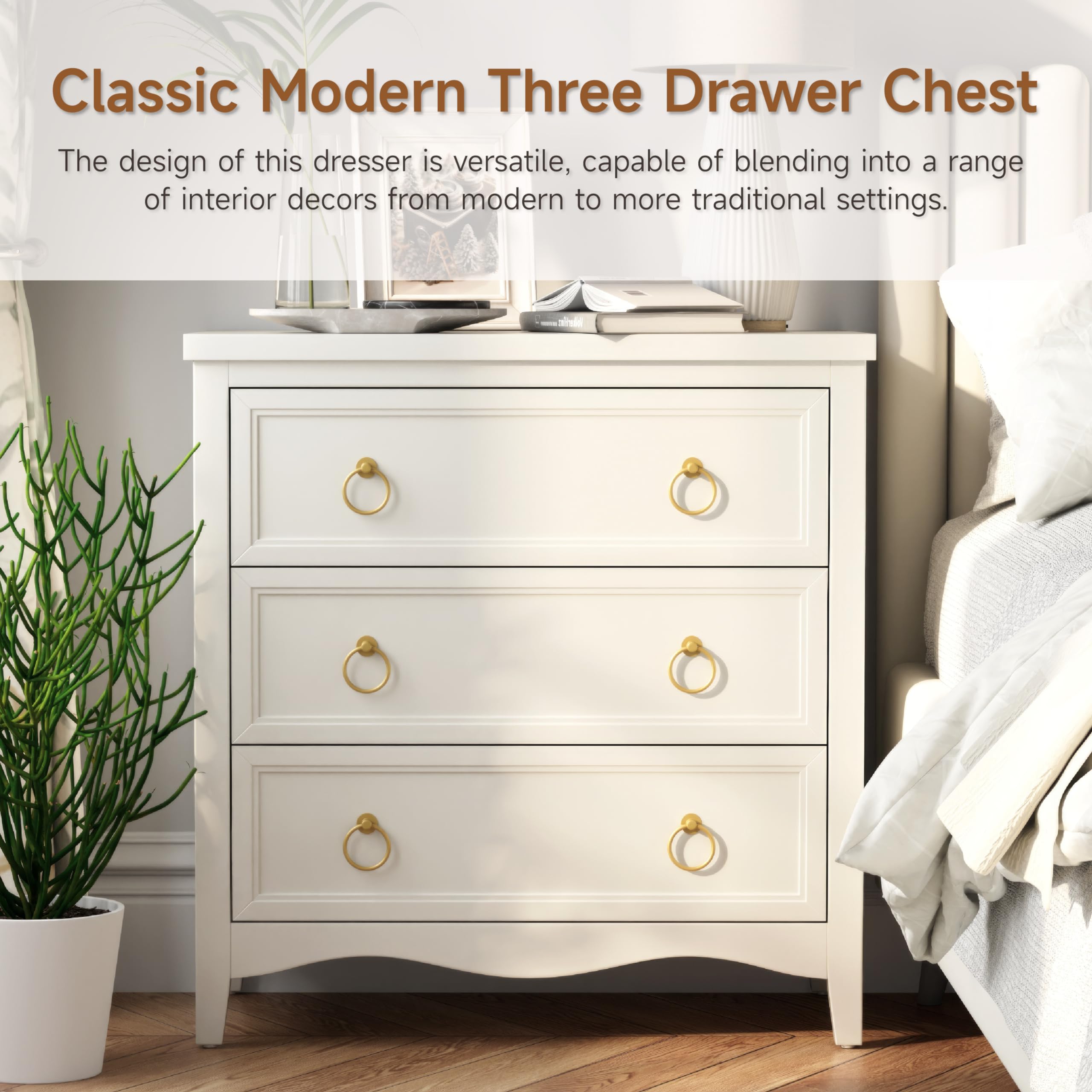 Farmhouse 3-Drawer Dresser Chest with Bronze Ring Handles