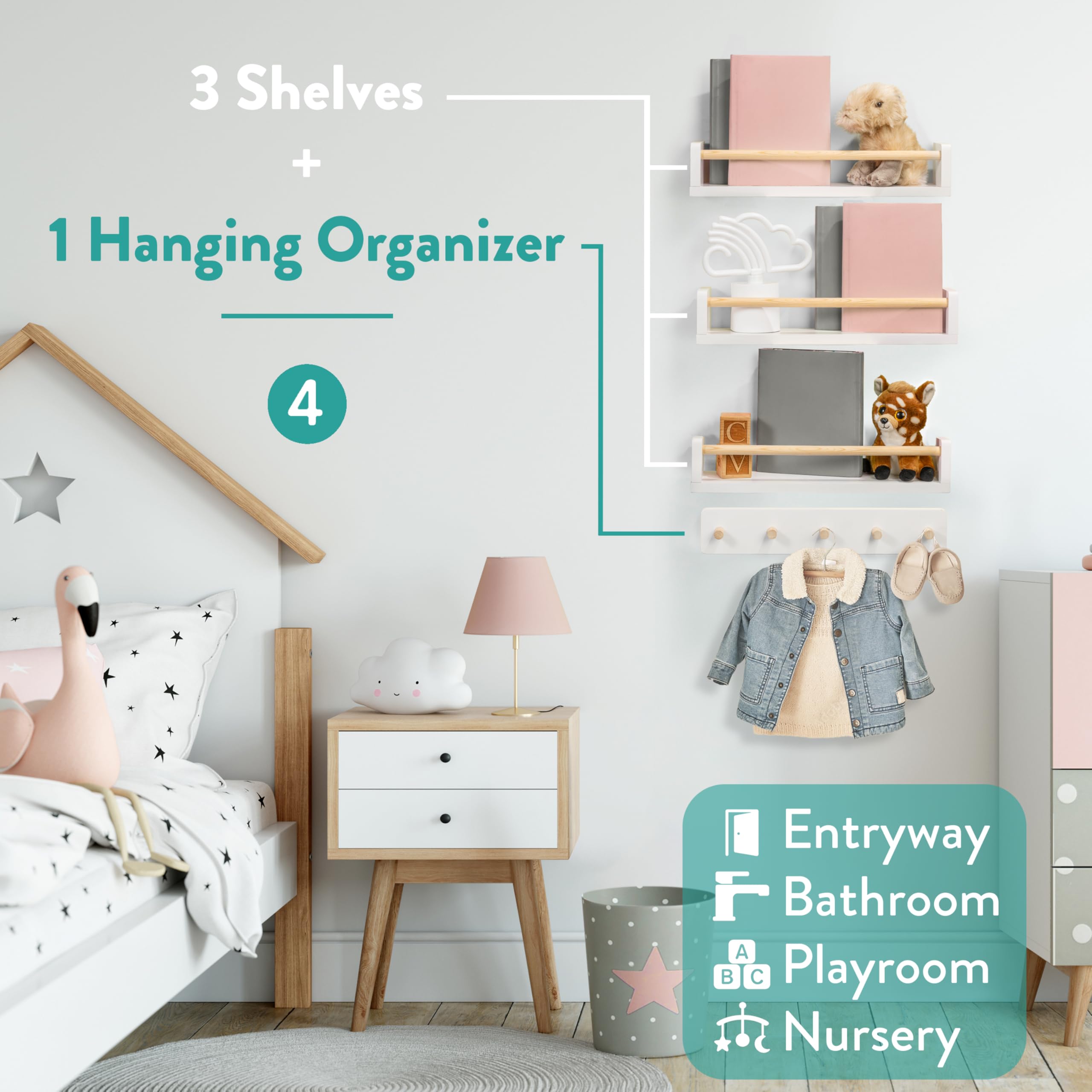 Floating Nursery Shelves and Coat Rack Set - 16.5 Inch Solid Wood Wall Storage
