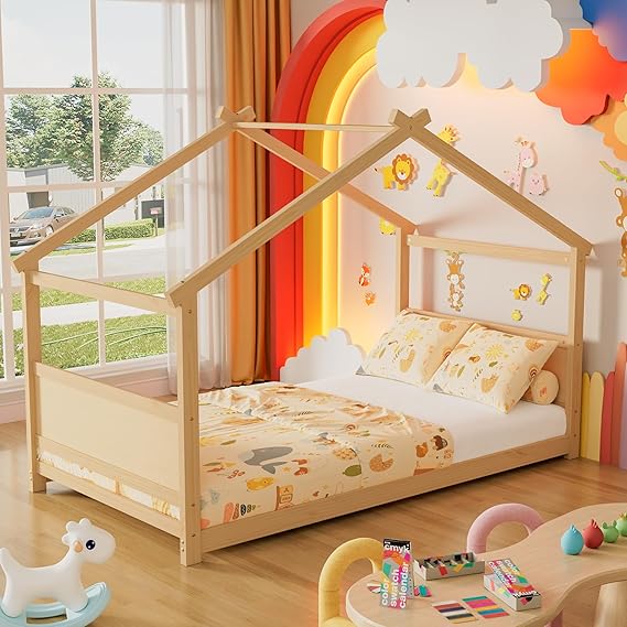 Twin Floor House Bed, Wood Twin Floor Bed Frame with Headboard & Footboard
