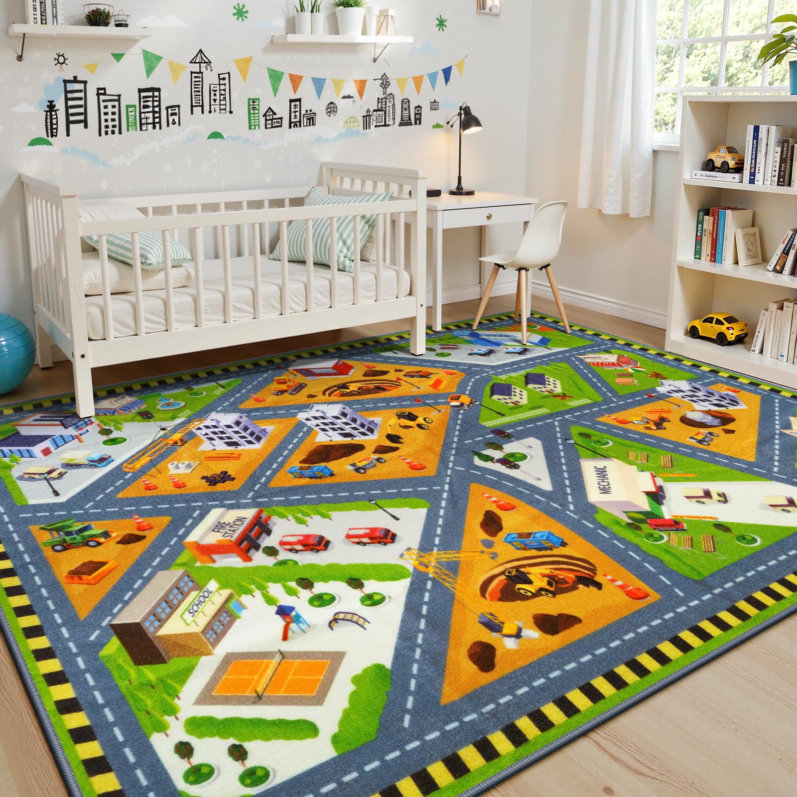 Kids Rug for Playroom, 5.3x6.6 Car Rugs for Kids Toy Cars, Non-Slip City Road Map Rug