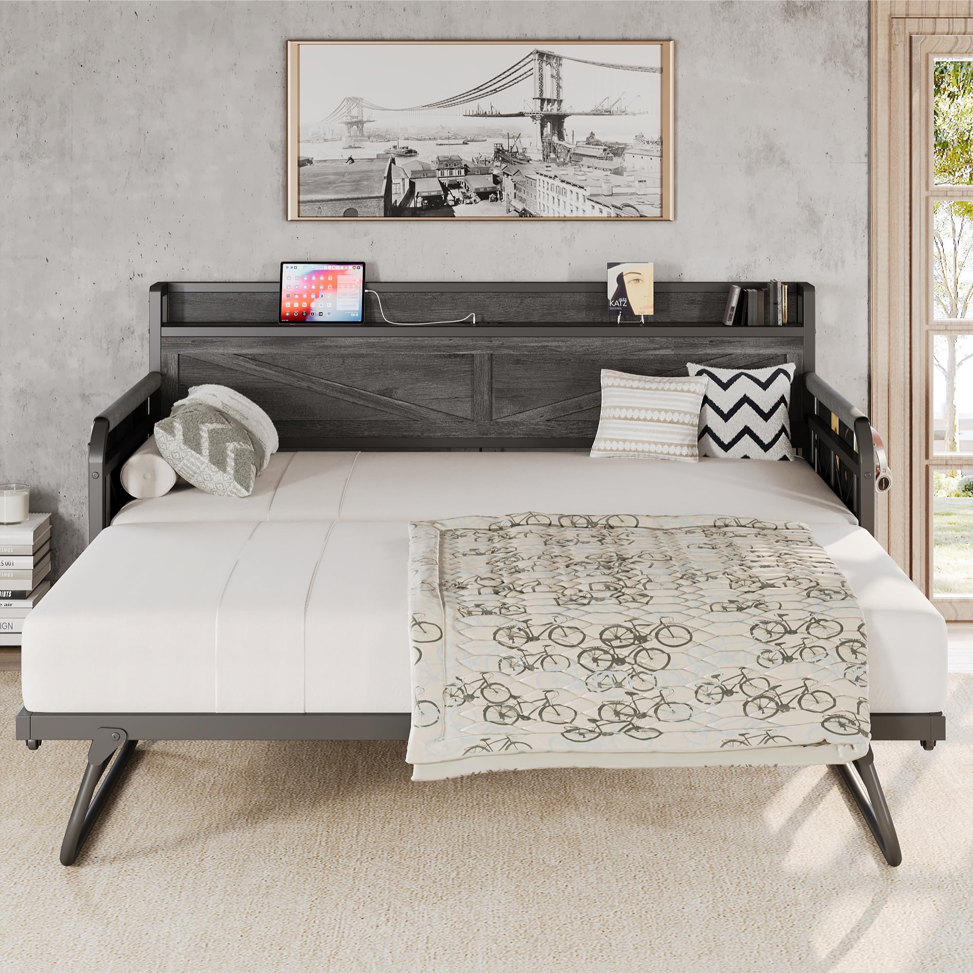 Twin Daybed with Trundle Bed, Storage Headboard