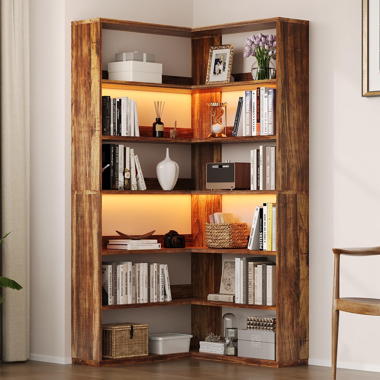 6-Tier Corner Bookshelf with LED Lights