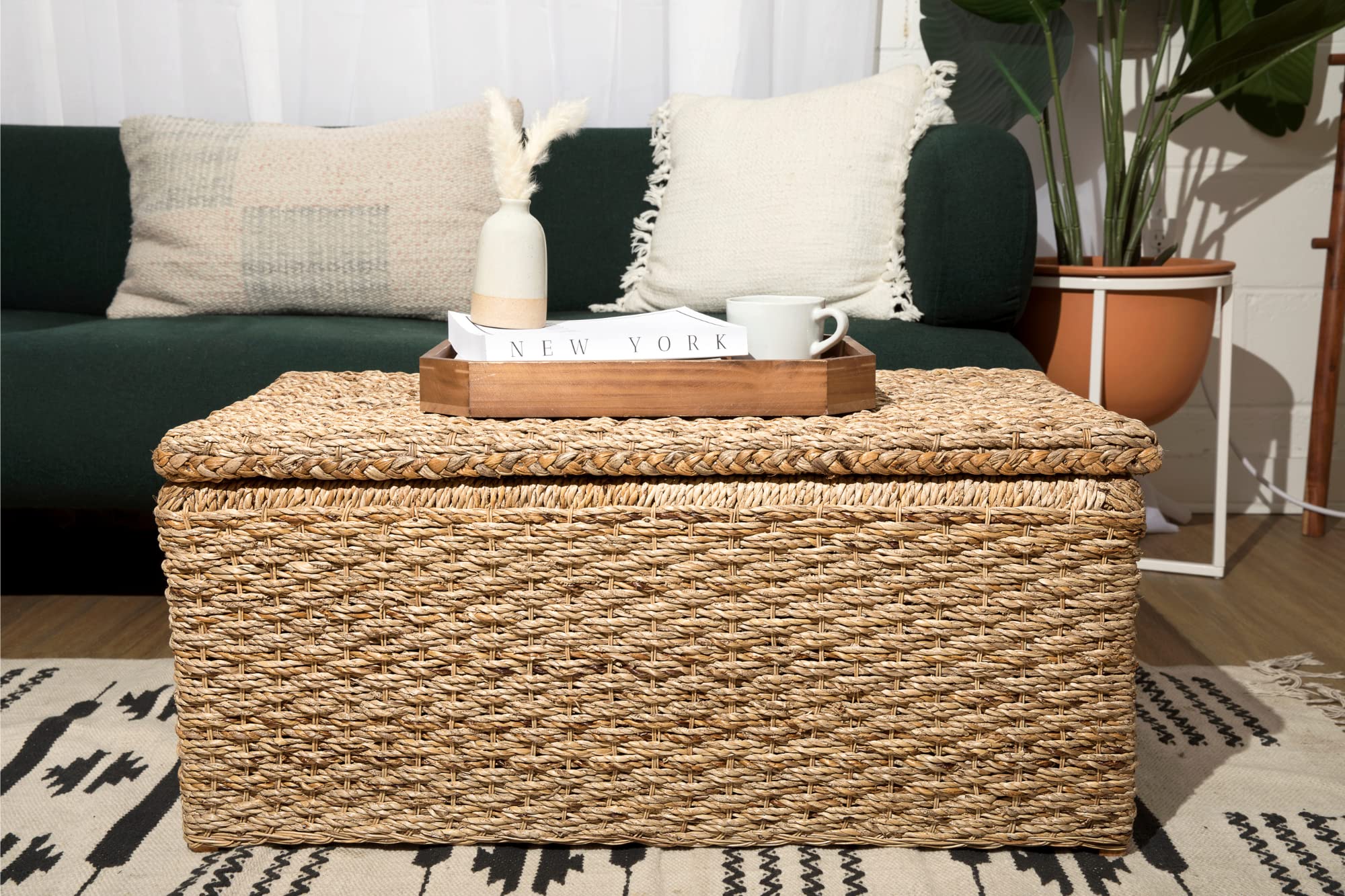 Wholestory Collective Handwoven Wicker 35" Banana Leaf Rattan Storage Trunk and Chest Seagrass XL Organizers with Lid, Natural Color with Handles