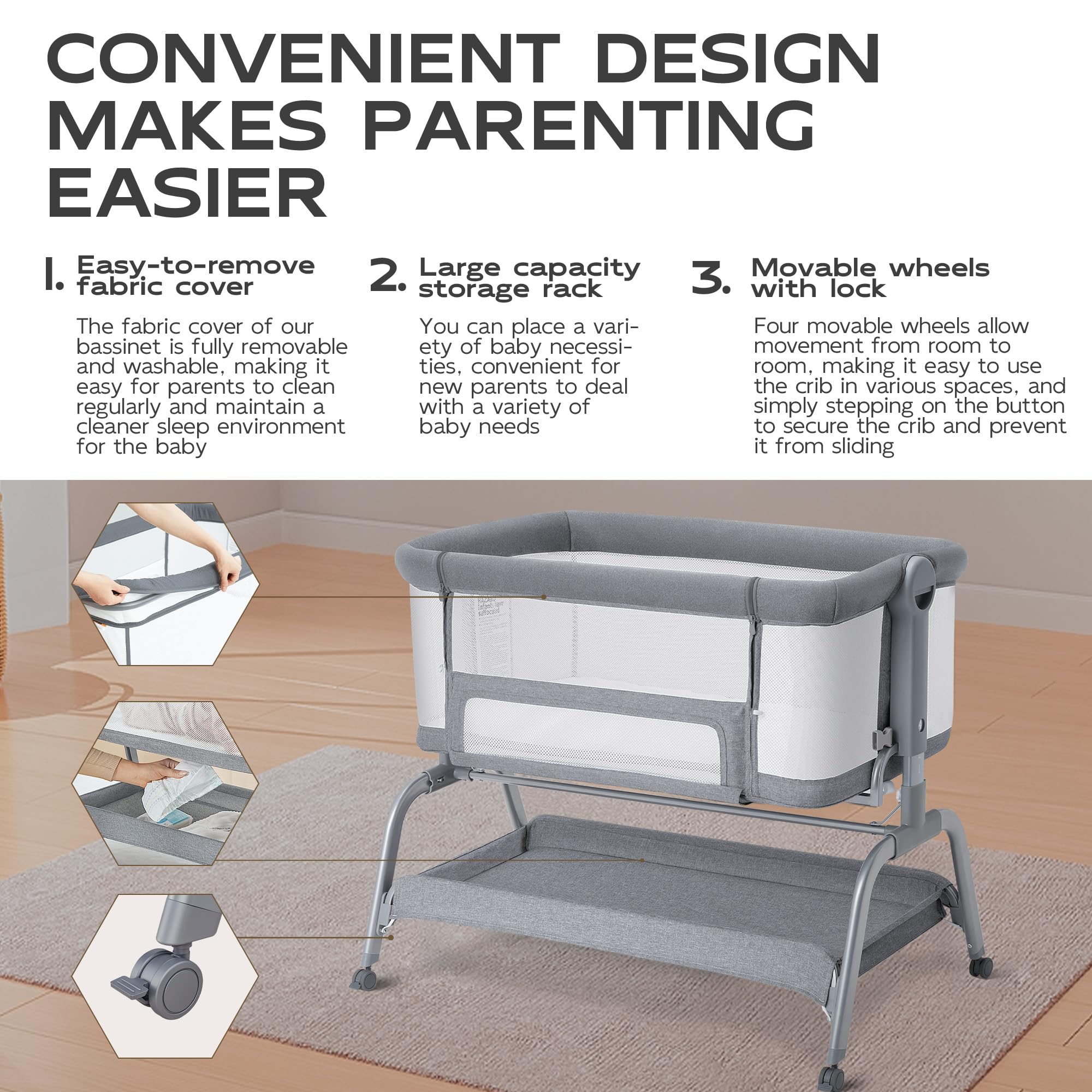 3-in-1 Baby Bassinet Bedside Sleeper with Adjustable Height