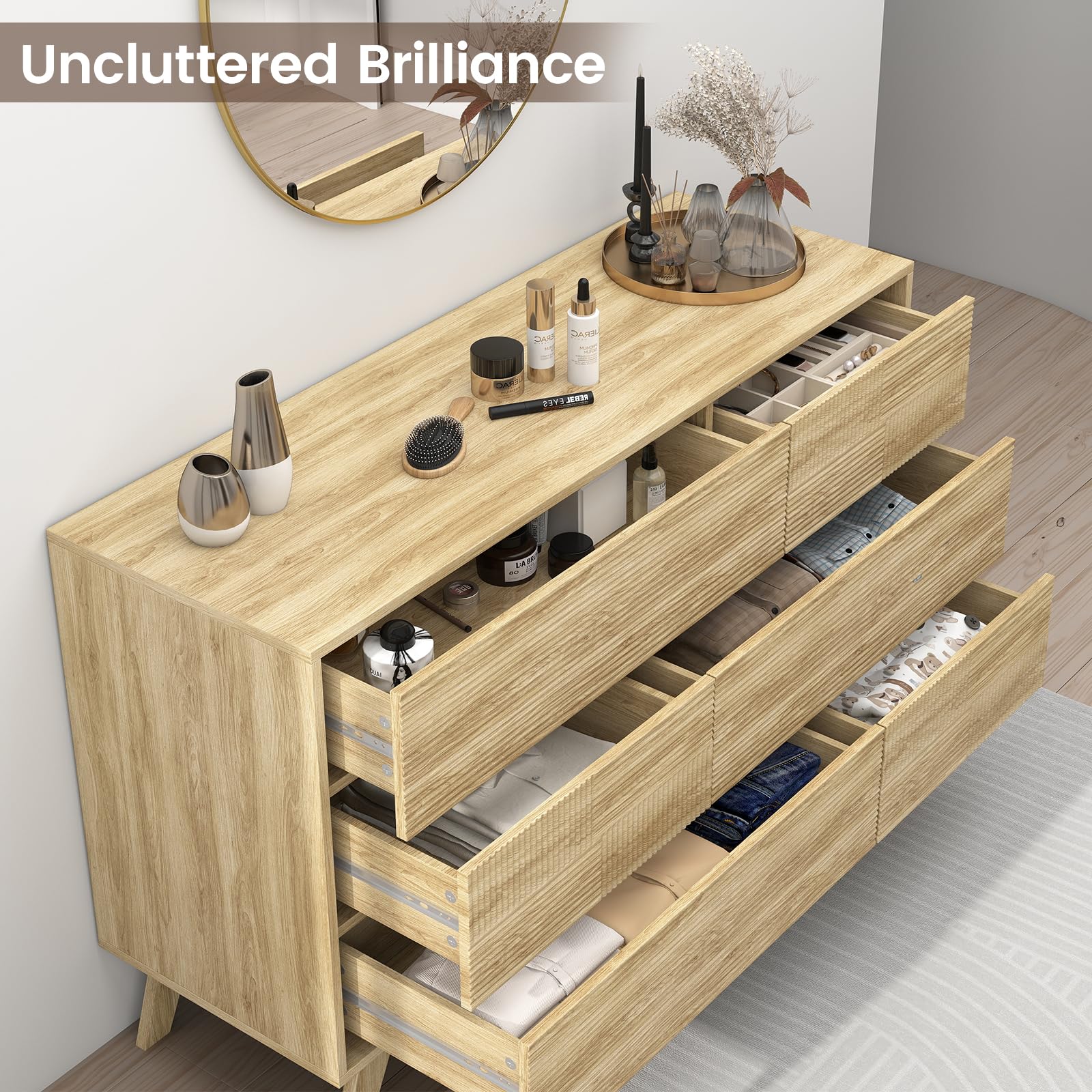 Fluted 6 Drawers Dresser for Bedroom, Modern Minimalist Style