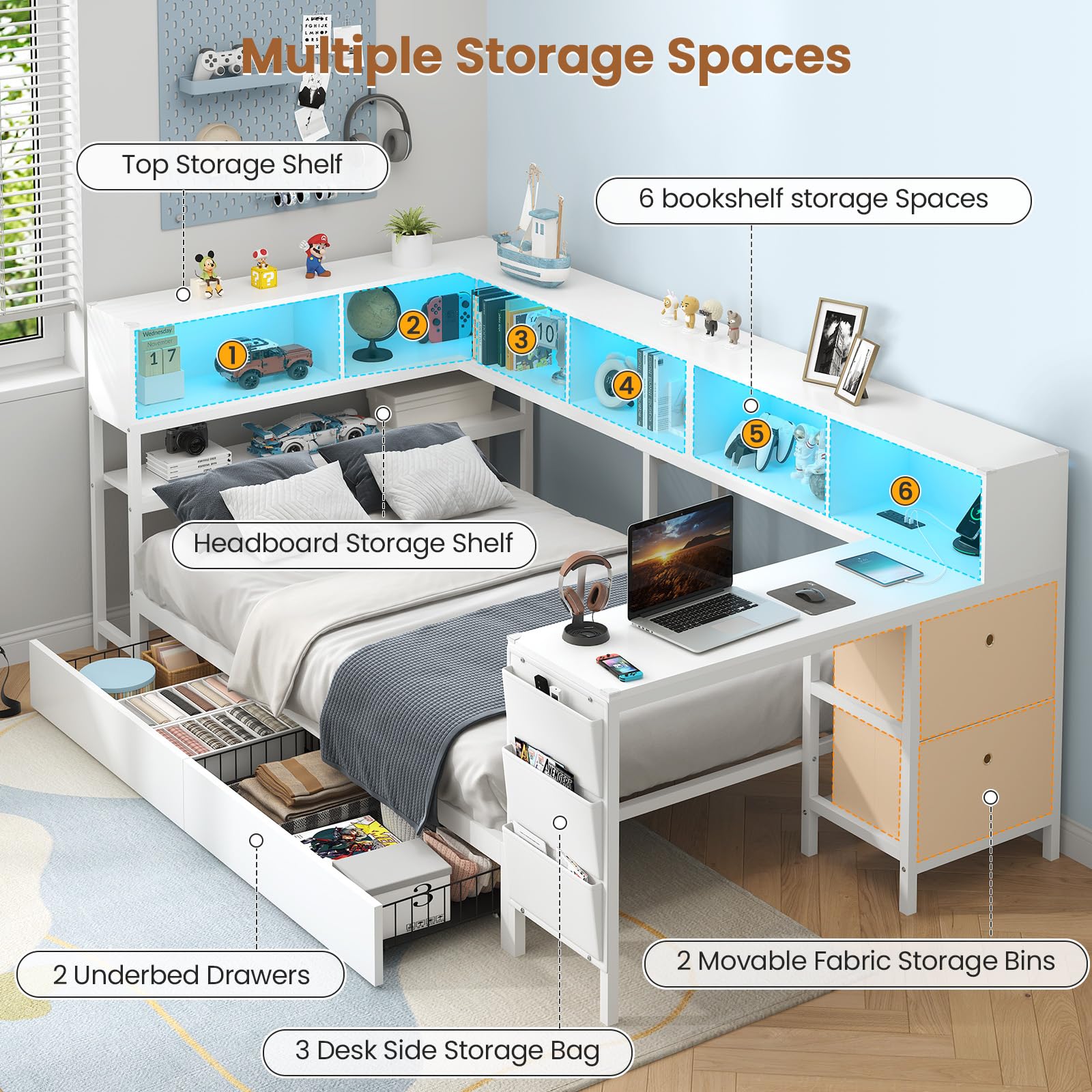 Twin Corner Bed with Desk and Storage