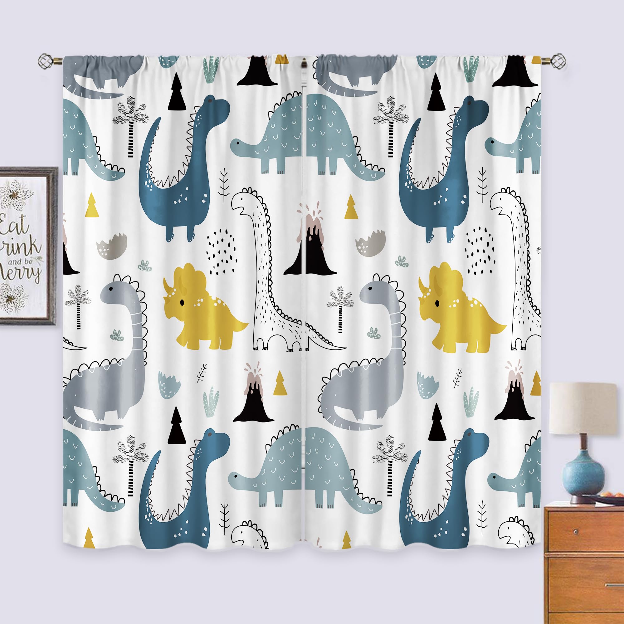 Kids Dinosaur Curtains 42Wx63L Inch Rod Pocket Cartoon Dino Baby