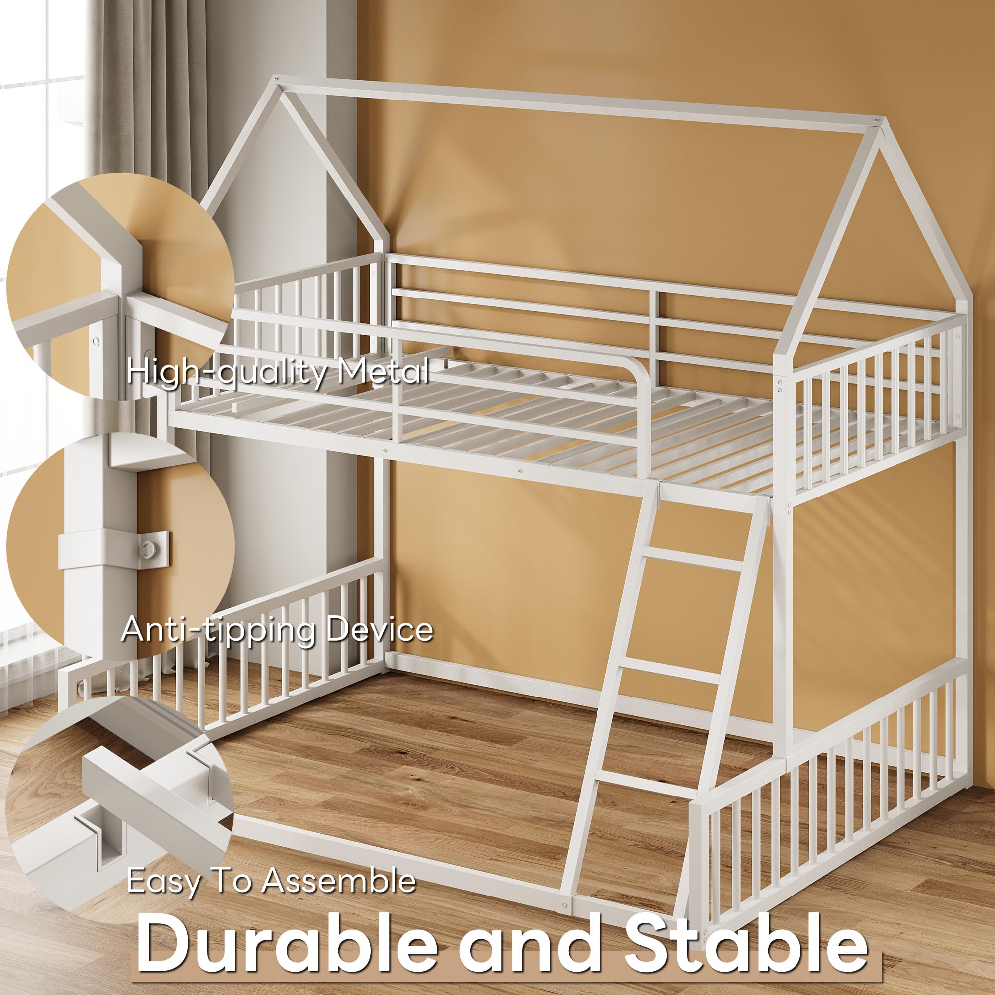 Twin Over Full House Bunk Bed with Ladder and Guardrail