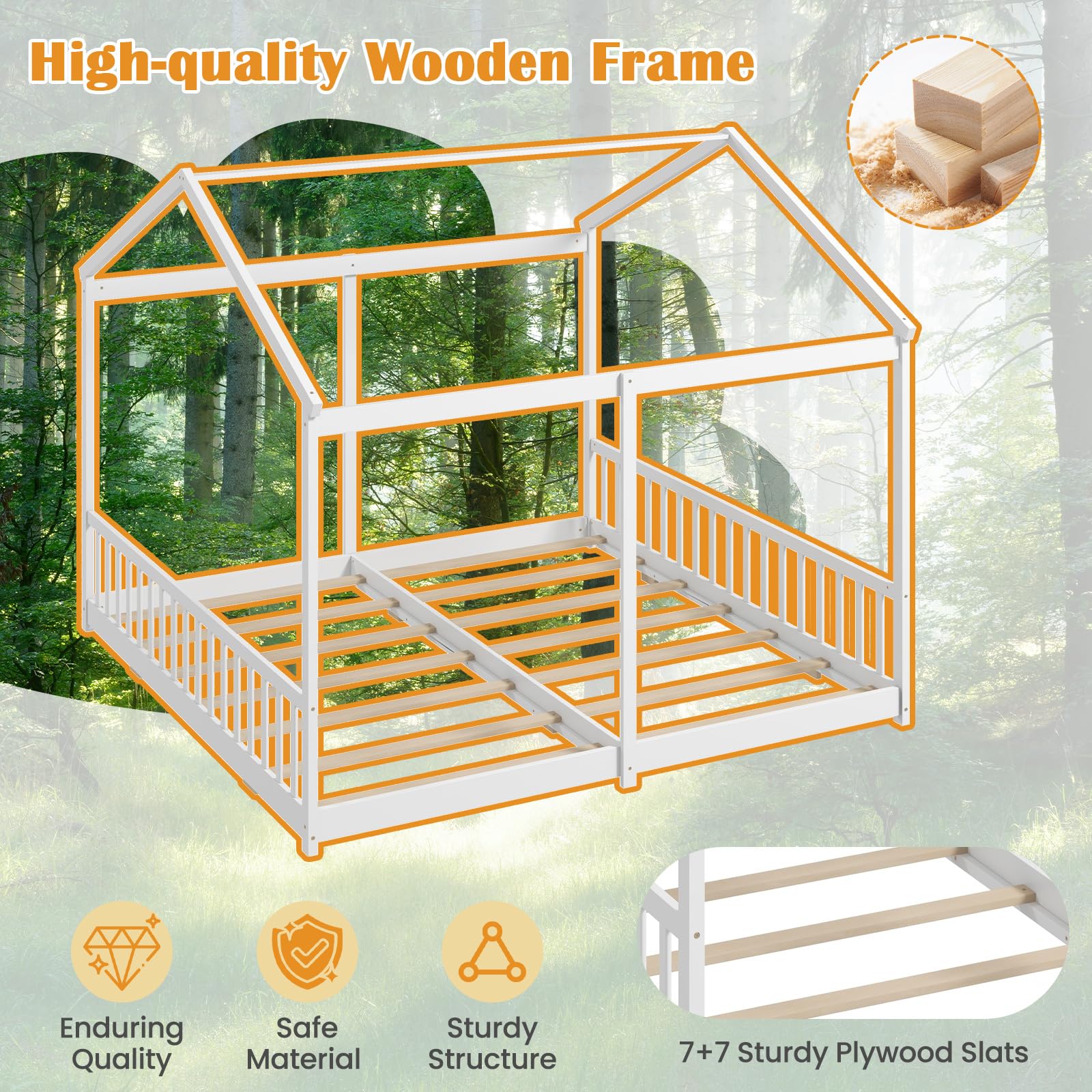 Double Twin Floor Beds for Kids with Fence and Roof