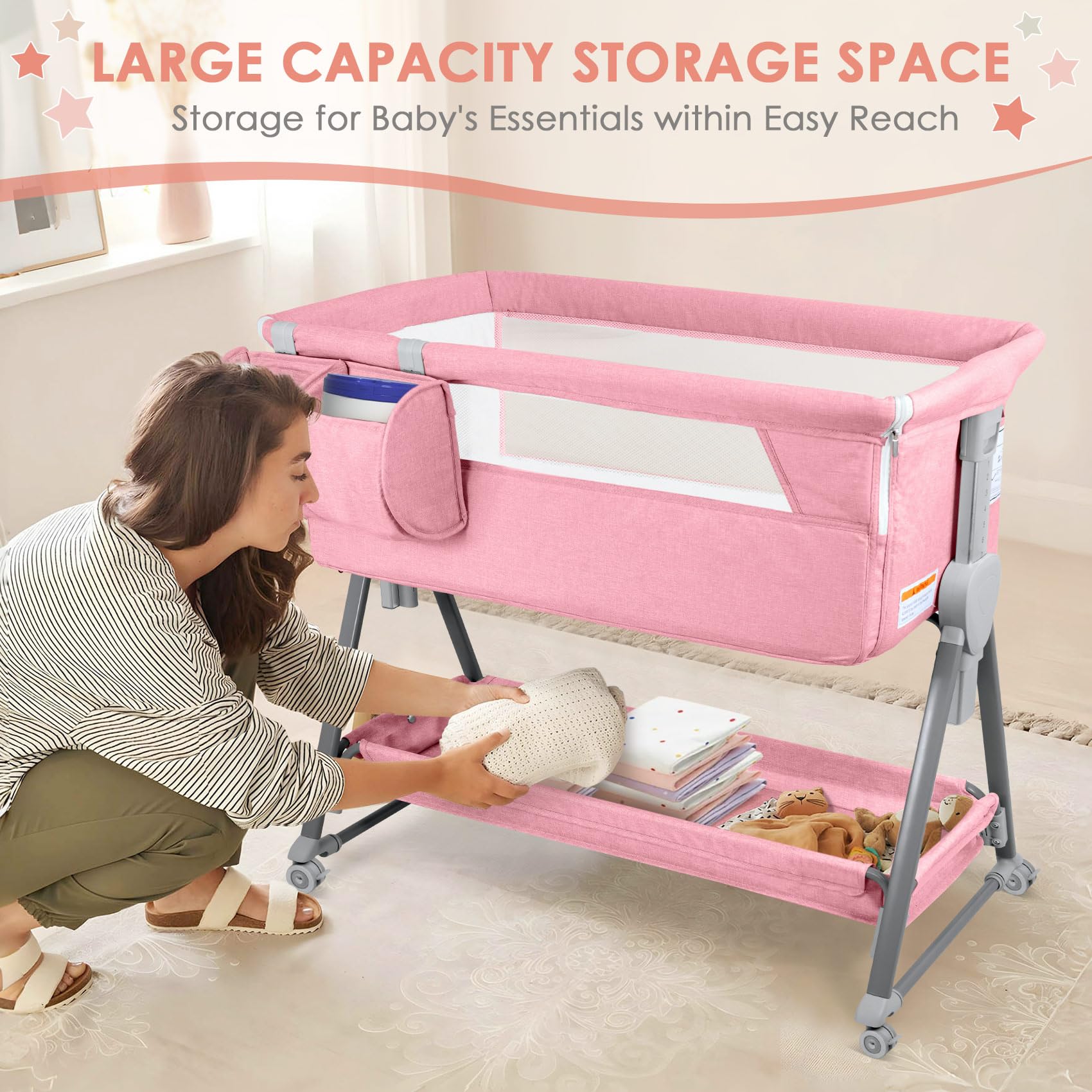 7-Height Adjustable Bedside Bassinet with Wheels and Storage