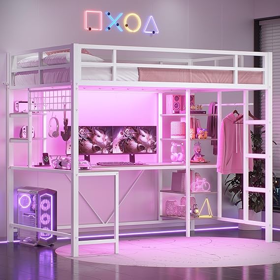 Loft Bed with Desk with Charging Station & LED Lights, Loft Bed Twin Size