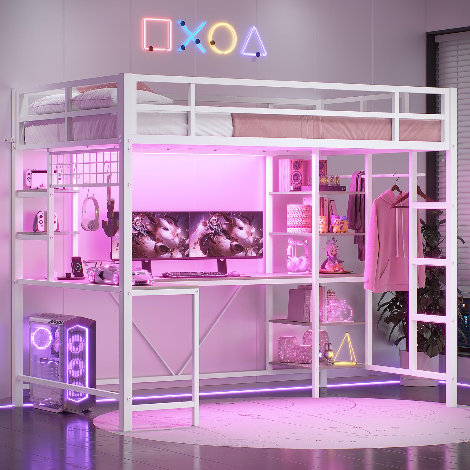 Twin Loft Bed with L-Shaped Desk and Charging Station