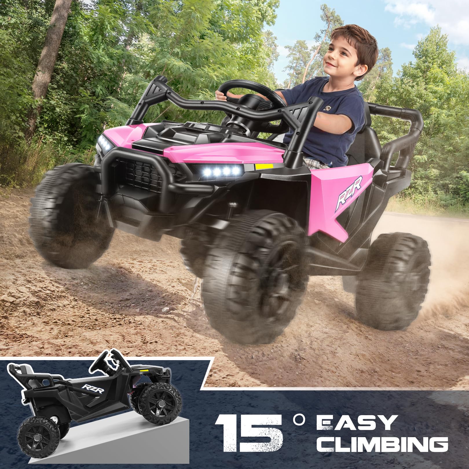 Hikole 24V Ride On Toys for Big Kids UTV, 24 Volt Car Power Wheels Parent Remote for Boy Girls, 2WD/200W*2 Gift, Spacious Seats, 3 Speeds, Soft Start Shock, Bluetooth, Led Lights, Safety Belt, Pink