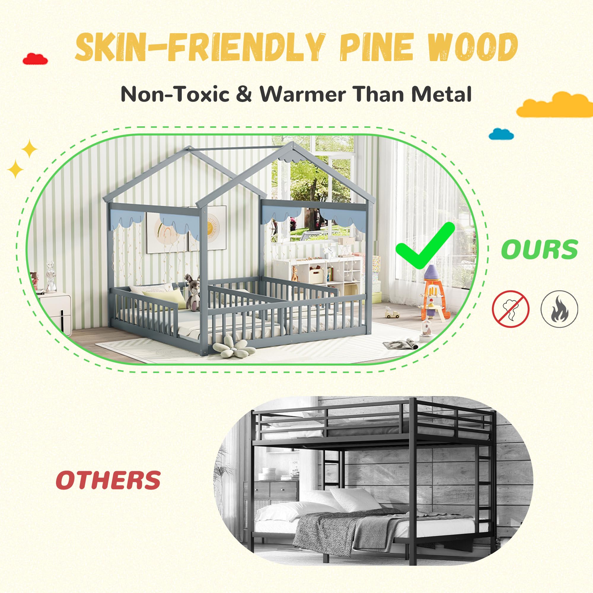 Double Twin Montessori Floor Bed Frame with House Design