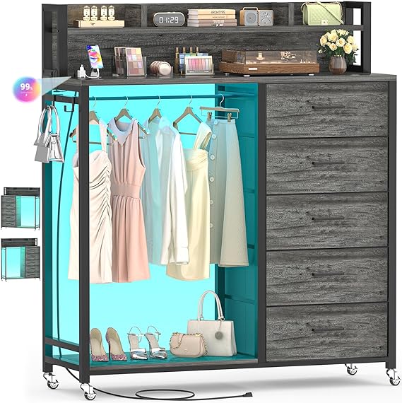 Dresser for Bedroom with Clothes Rack & Shelves, 5 Fabric Drawers Dresser