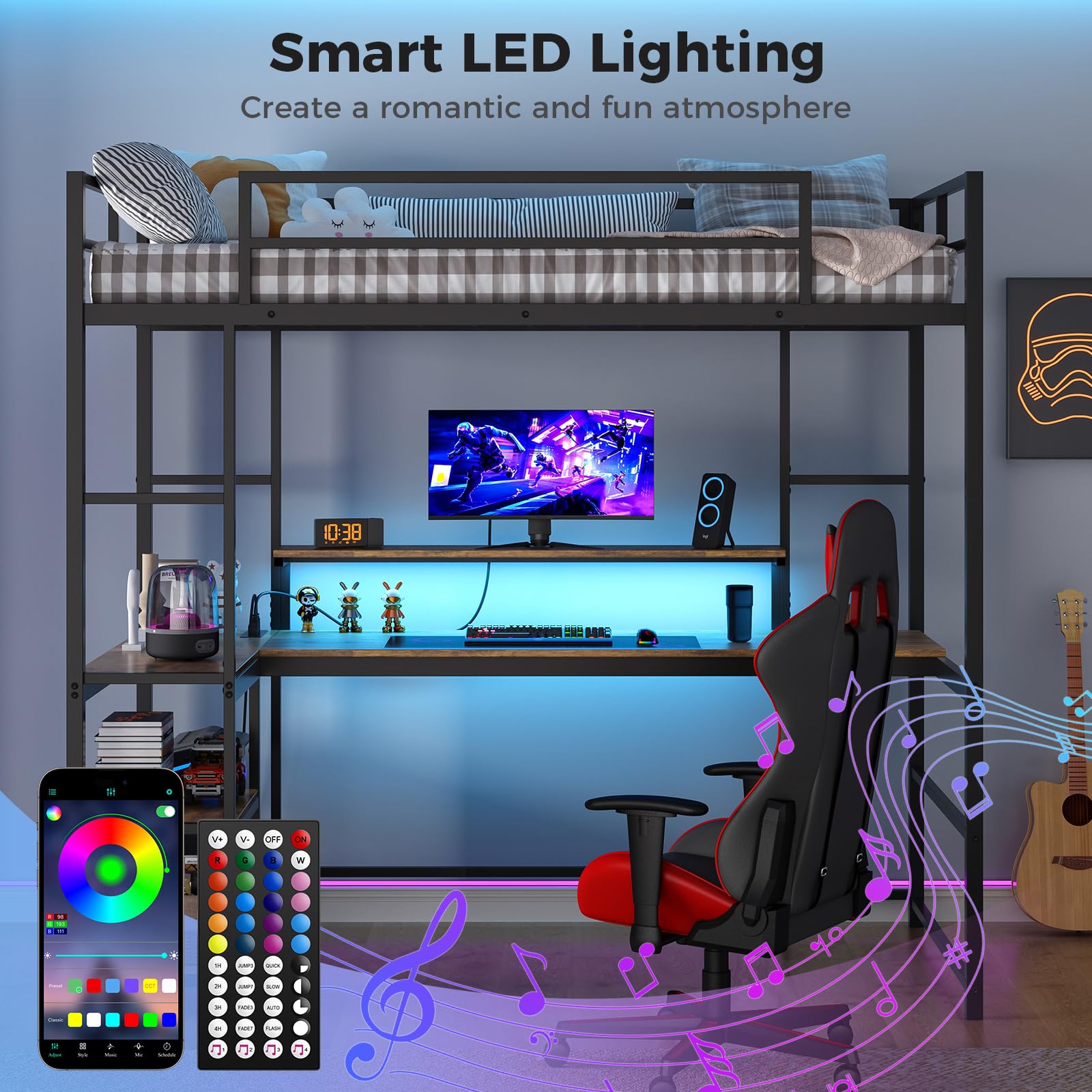 Twin Loft Bed with Large Desk and LED Lights