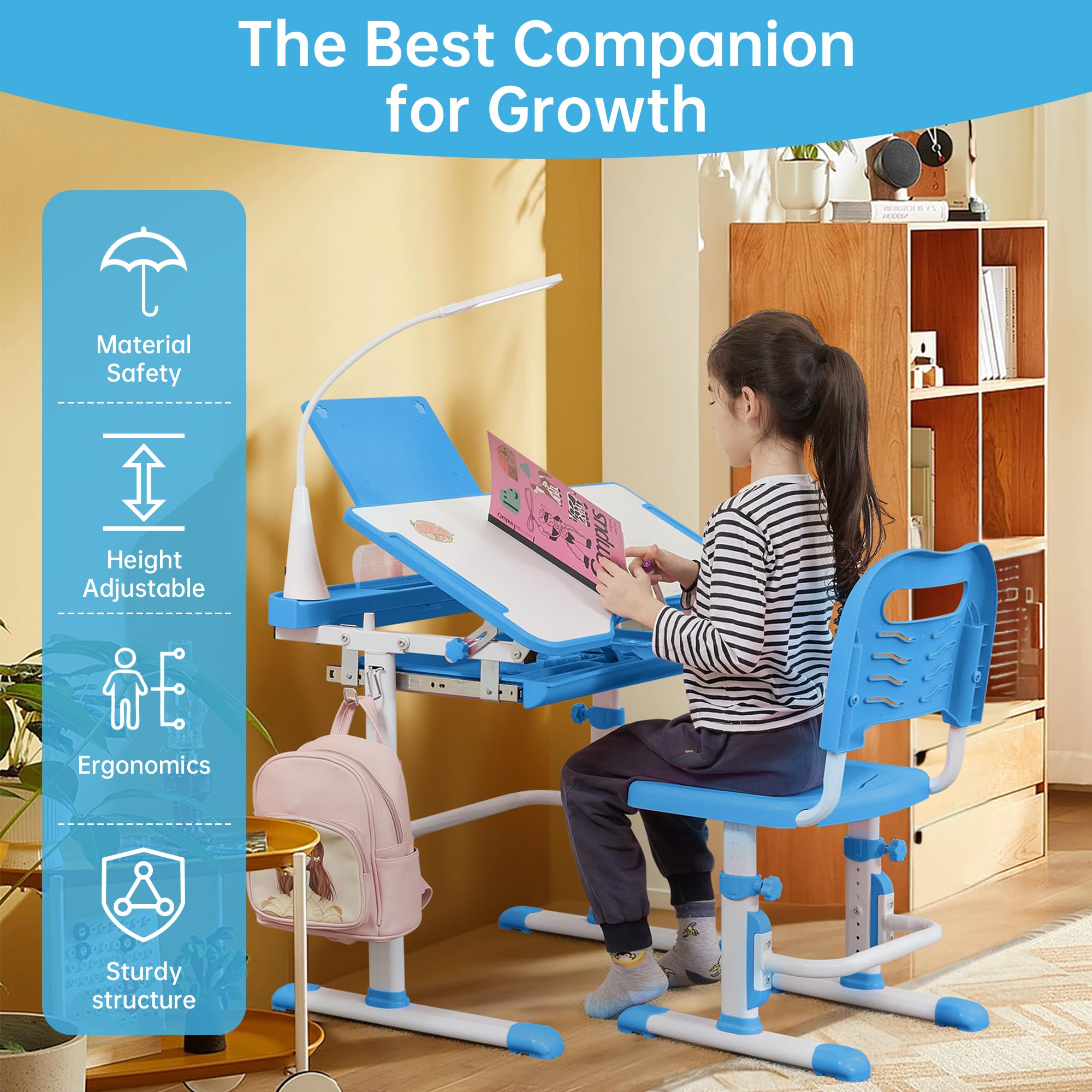 Kids Desk and Chair Set with Tiltable Desktop and LED Light