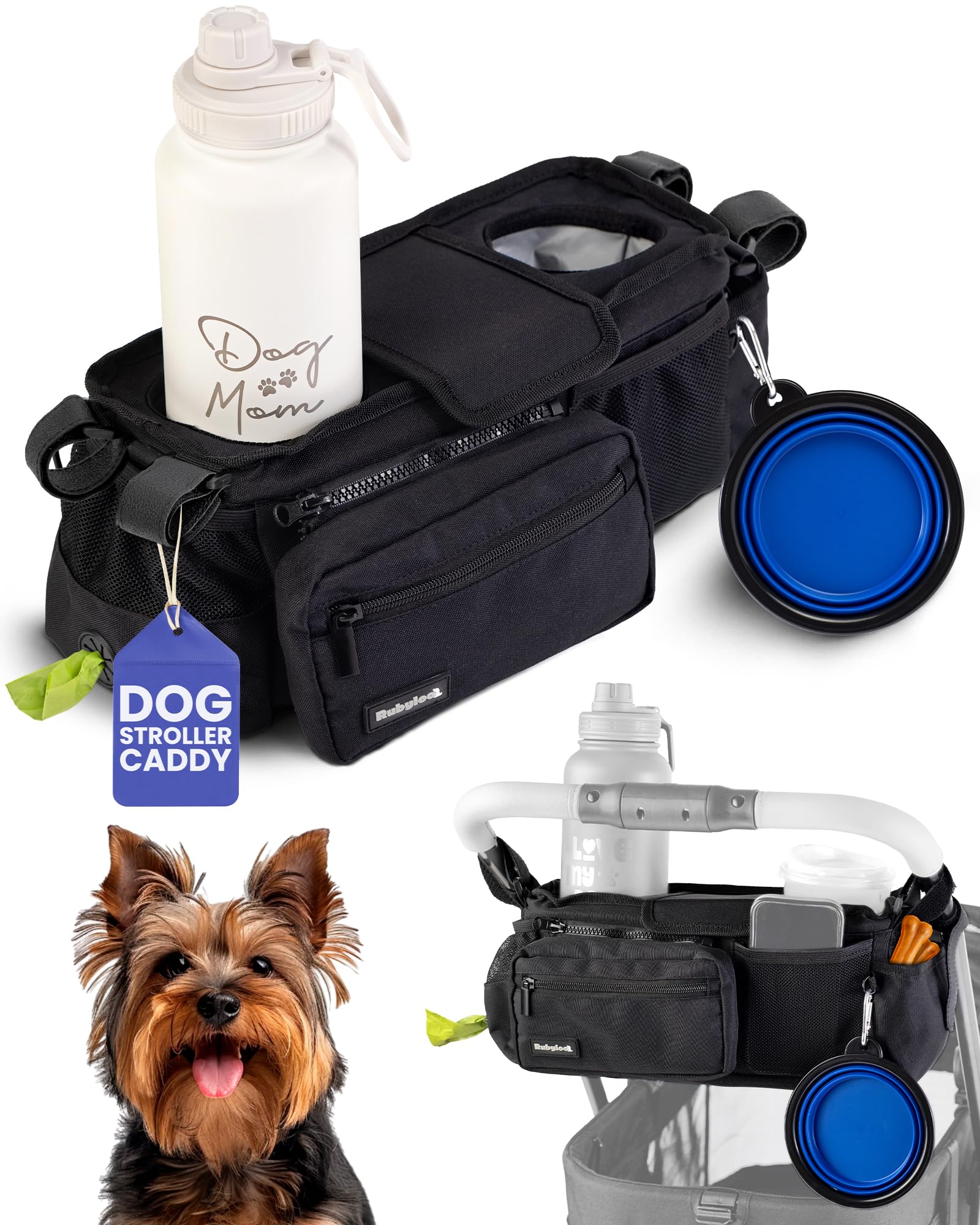 Dog Stroller Caddy Organizer with Poop Bag Dispenser, Treat Pocket