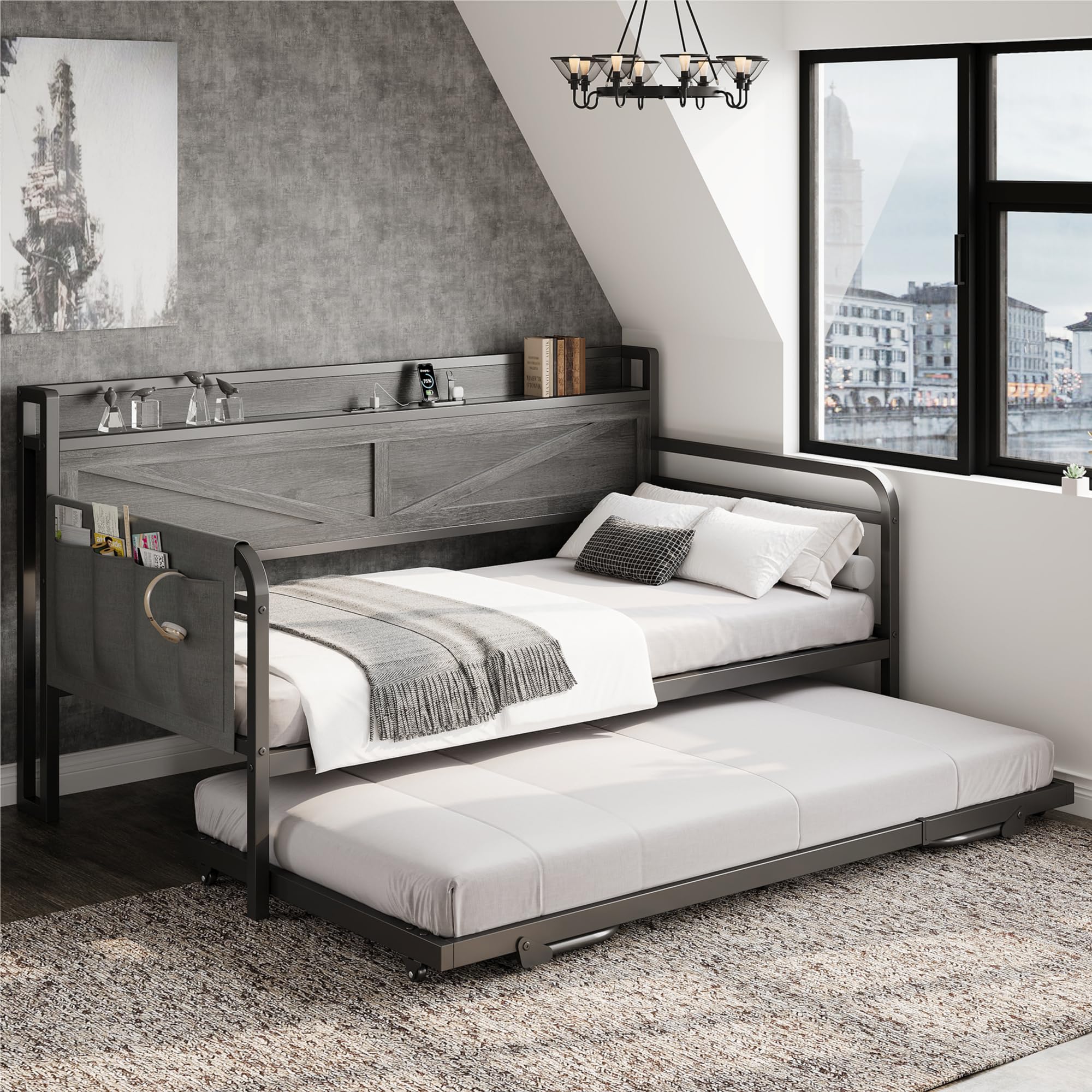 Twin Daybed with Trundle and Storage Headboard