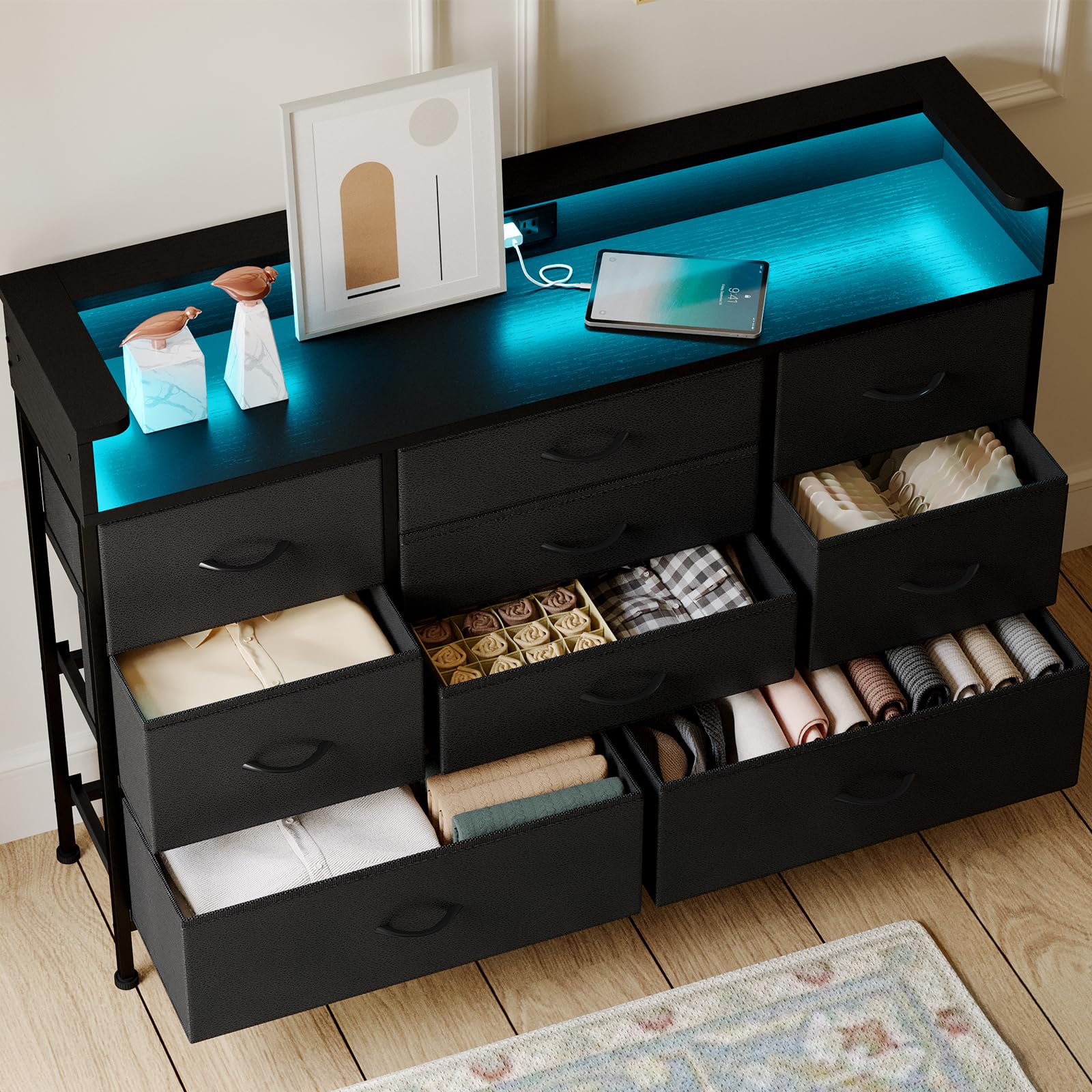 Black Dresser with Charging Station and LED Lights