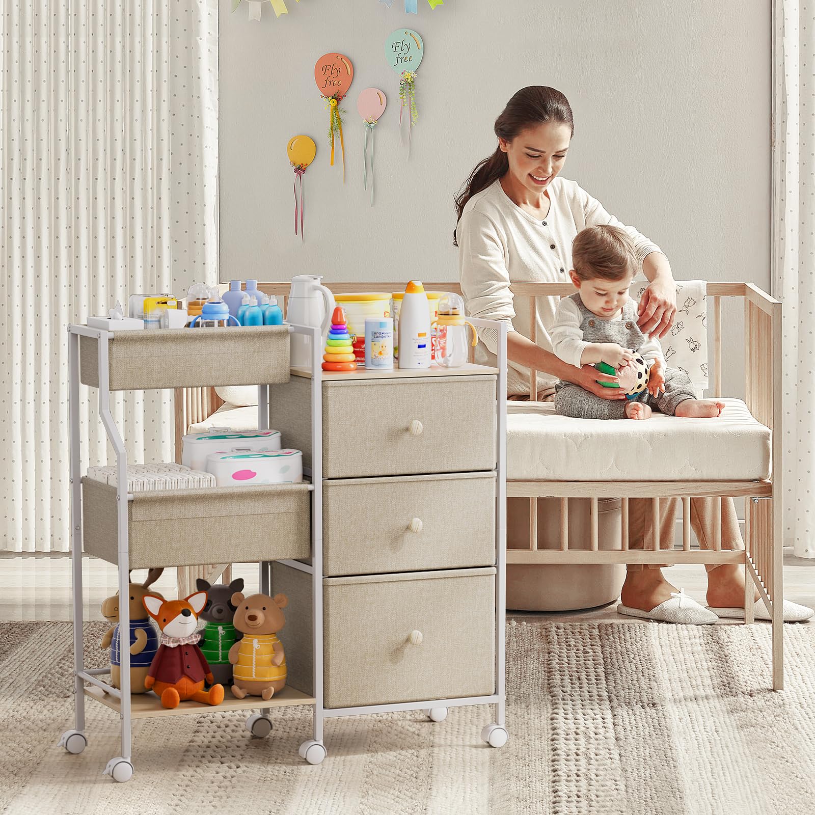 3-Tier Rolling Baby Storage Cart with Drawers and Dividers