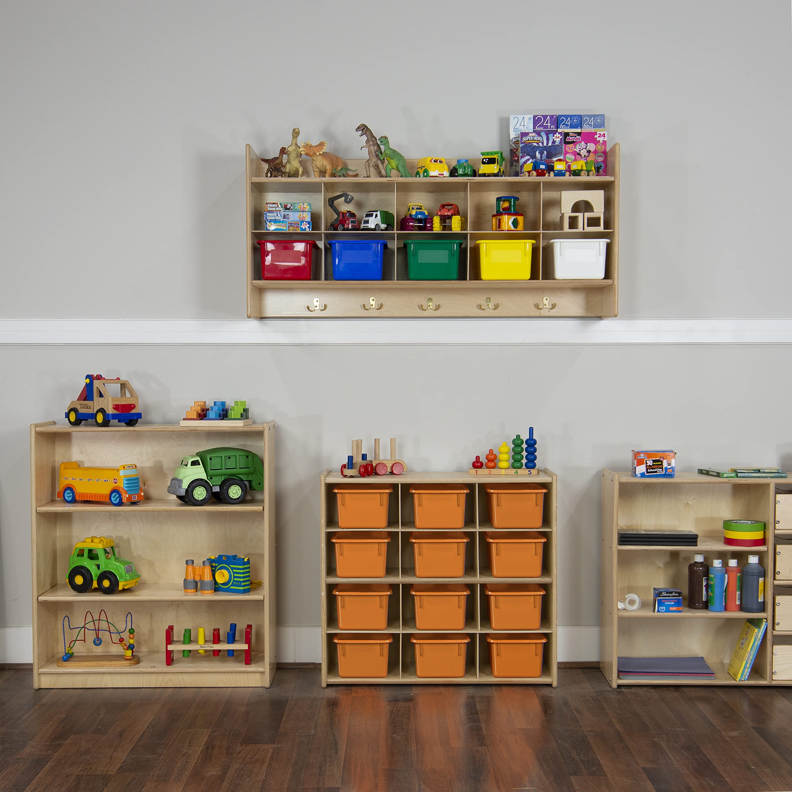 Contender 12 Compartment Kids Cube Locker Shelf with Orange Bins, Hardwood Montessori Shelves Organizers for Daycare, Nursery, Offices, Backpack Shelving Unit