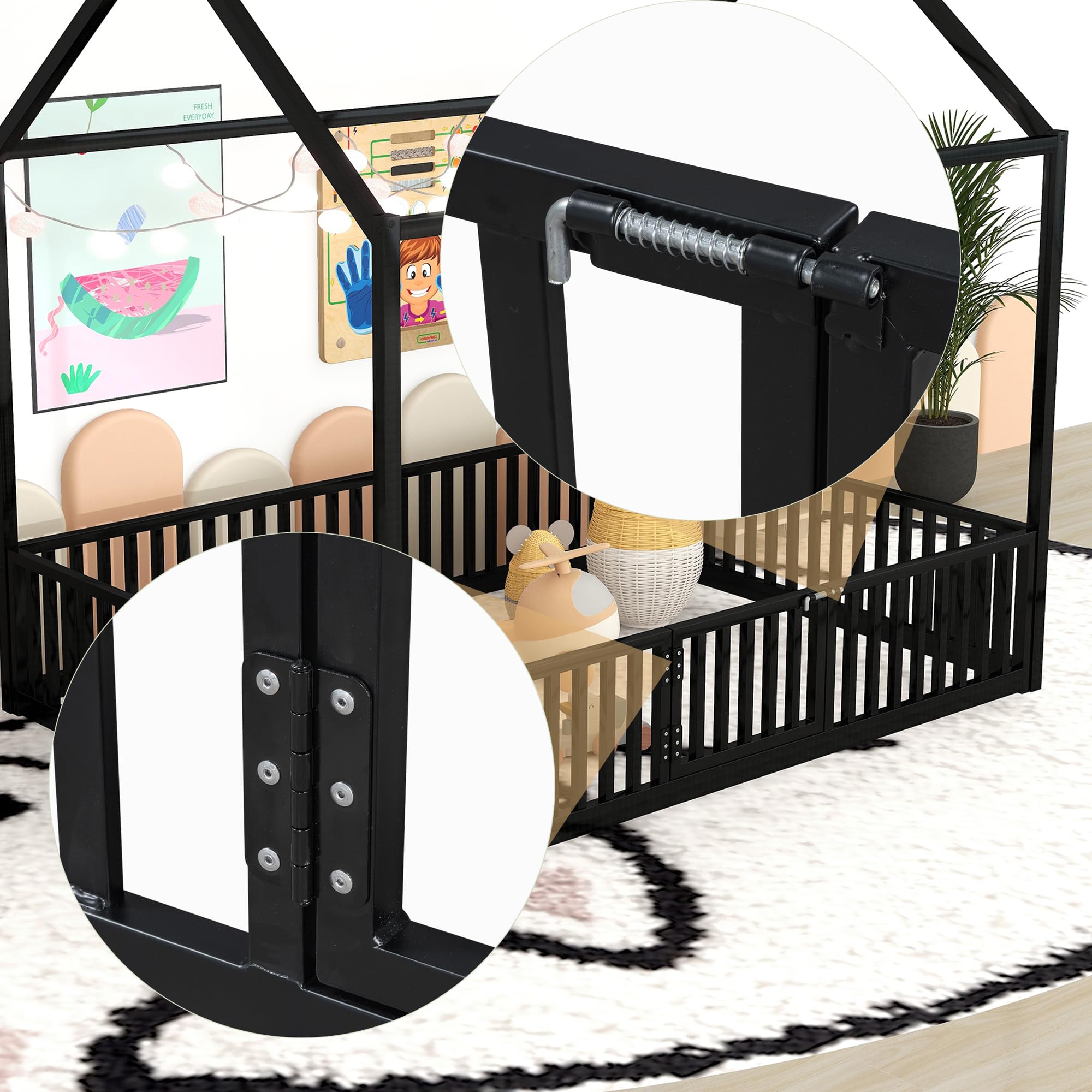 Metal Montessori Floor Bed Full Size with House Frame