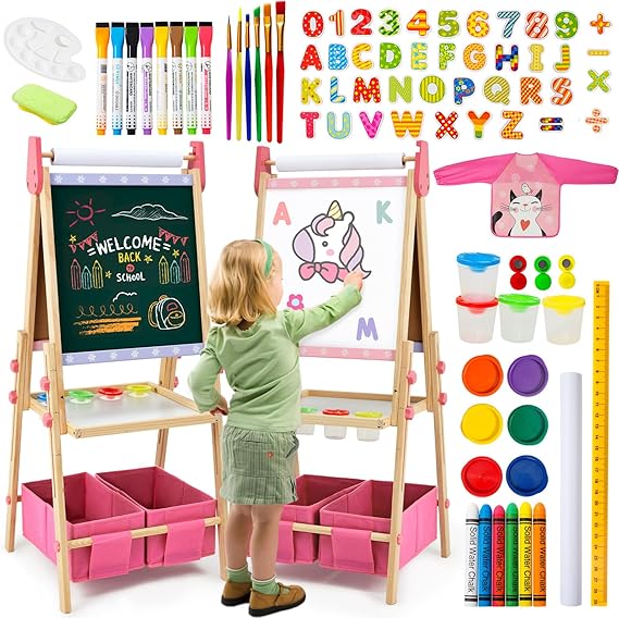 Including 100+ Accessories, Double Sided Wooden Easel for Kids