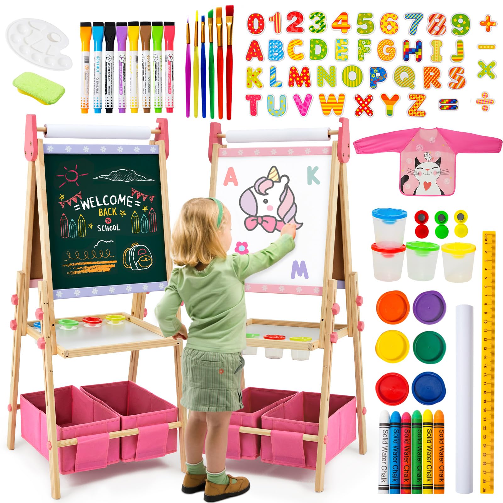 Including 100+ Accessories, Dual-Sided Wooden Easel for Kids Girls