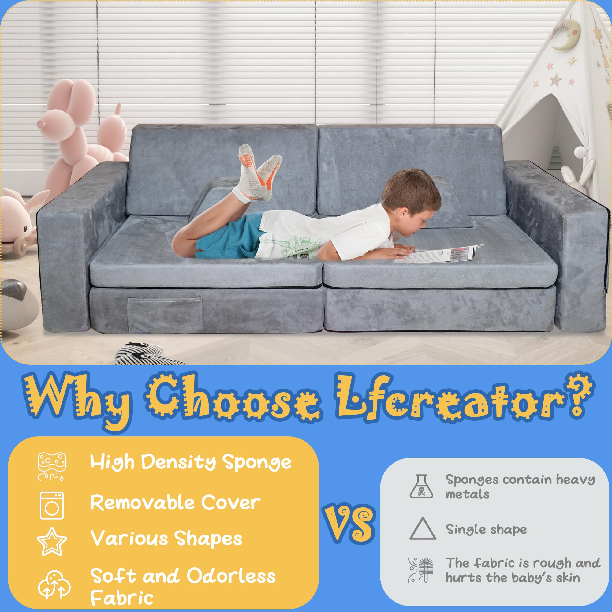 Modular Kids Foam Sofa 8-Piece Convertible Play Couch