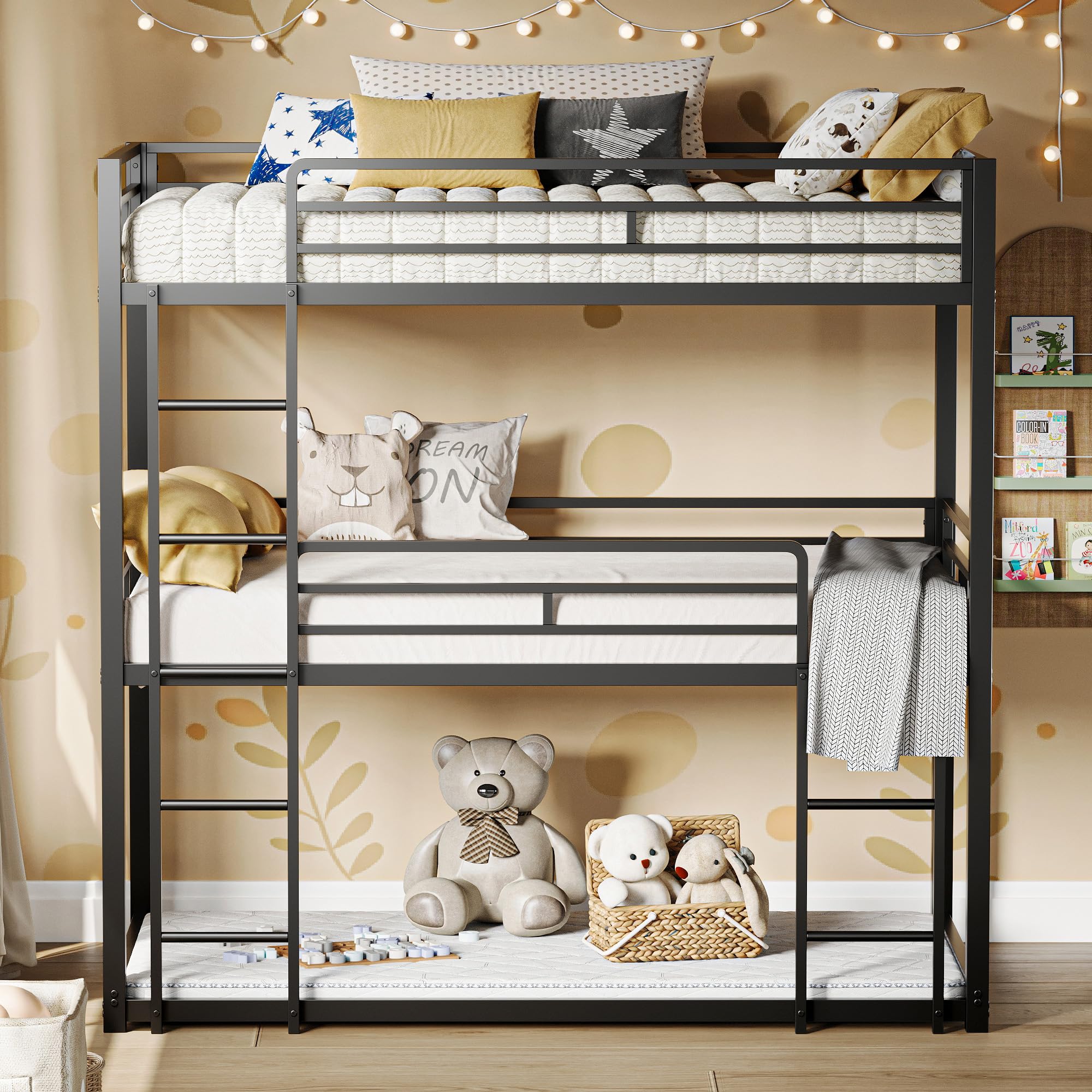 Bunk Bed, Triple Bunk beds Twin Over Twin Over Twin with 2 Ladders