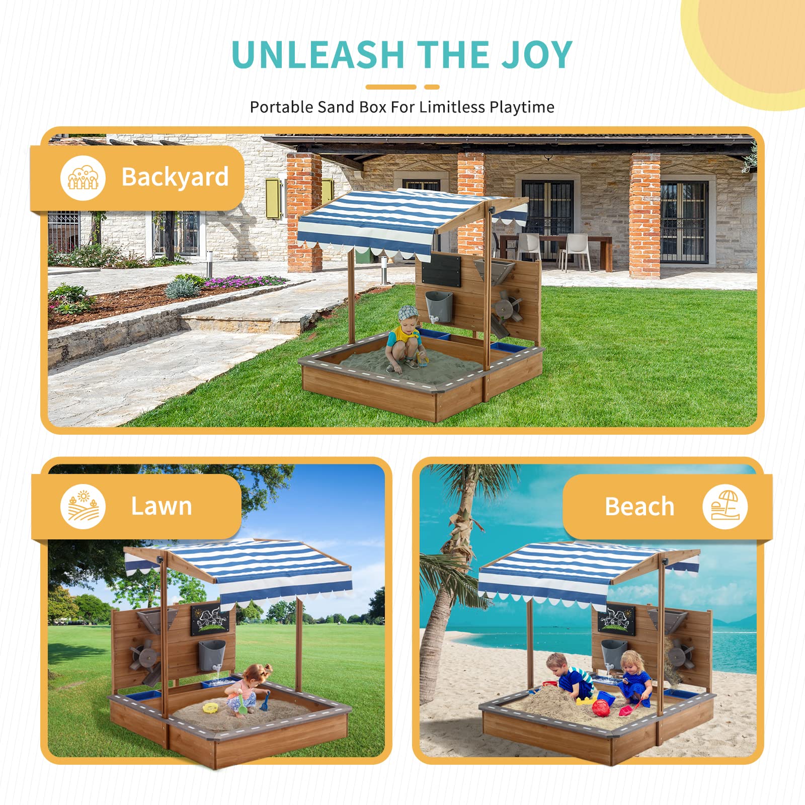Wooden Sandbox with Roof and Canopy