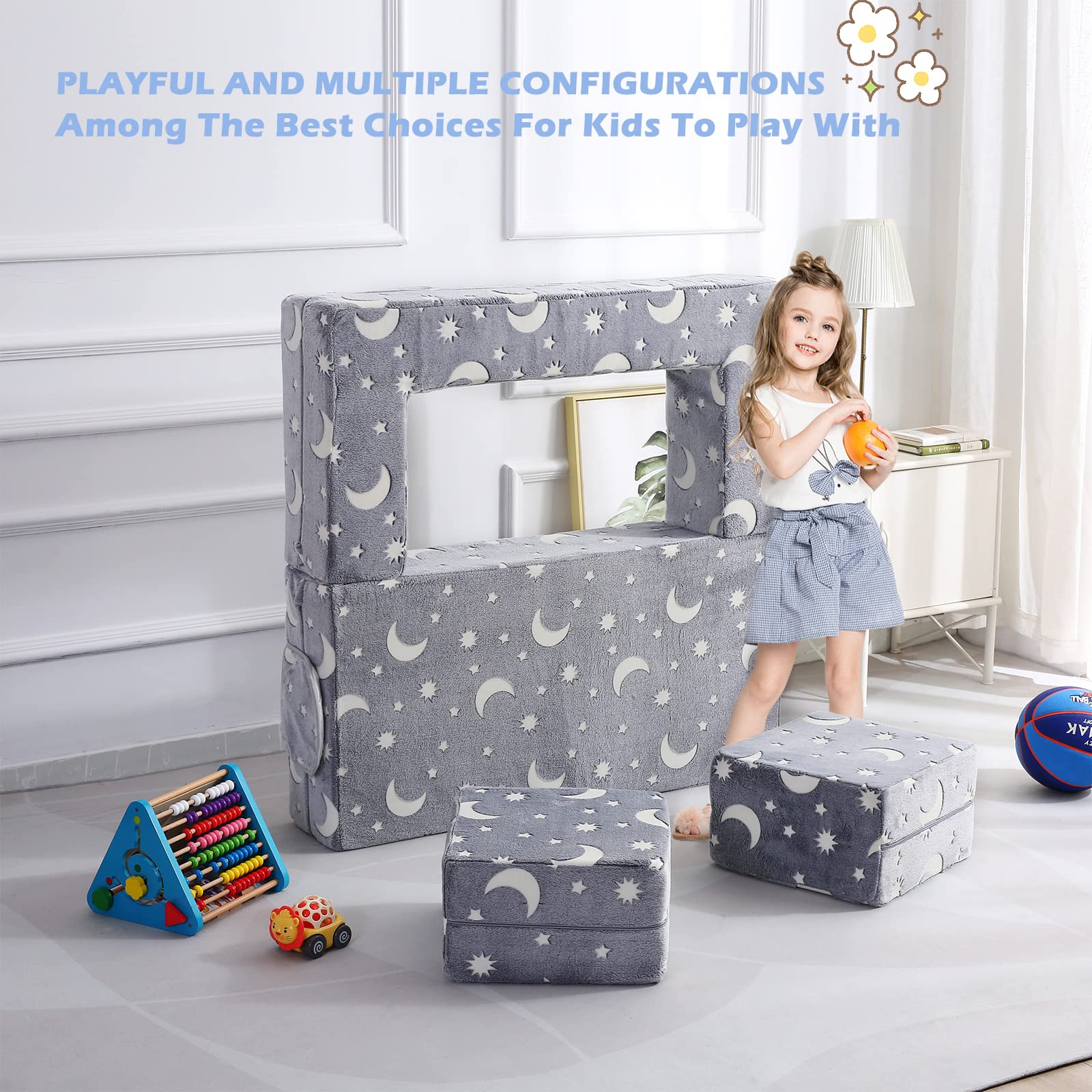 Glow in the Dark Modular Kids Sofa - 3-in-1 Convertible Toddler Couch