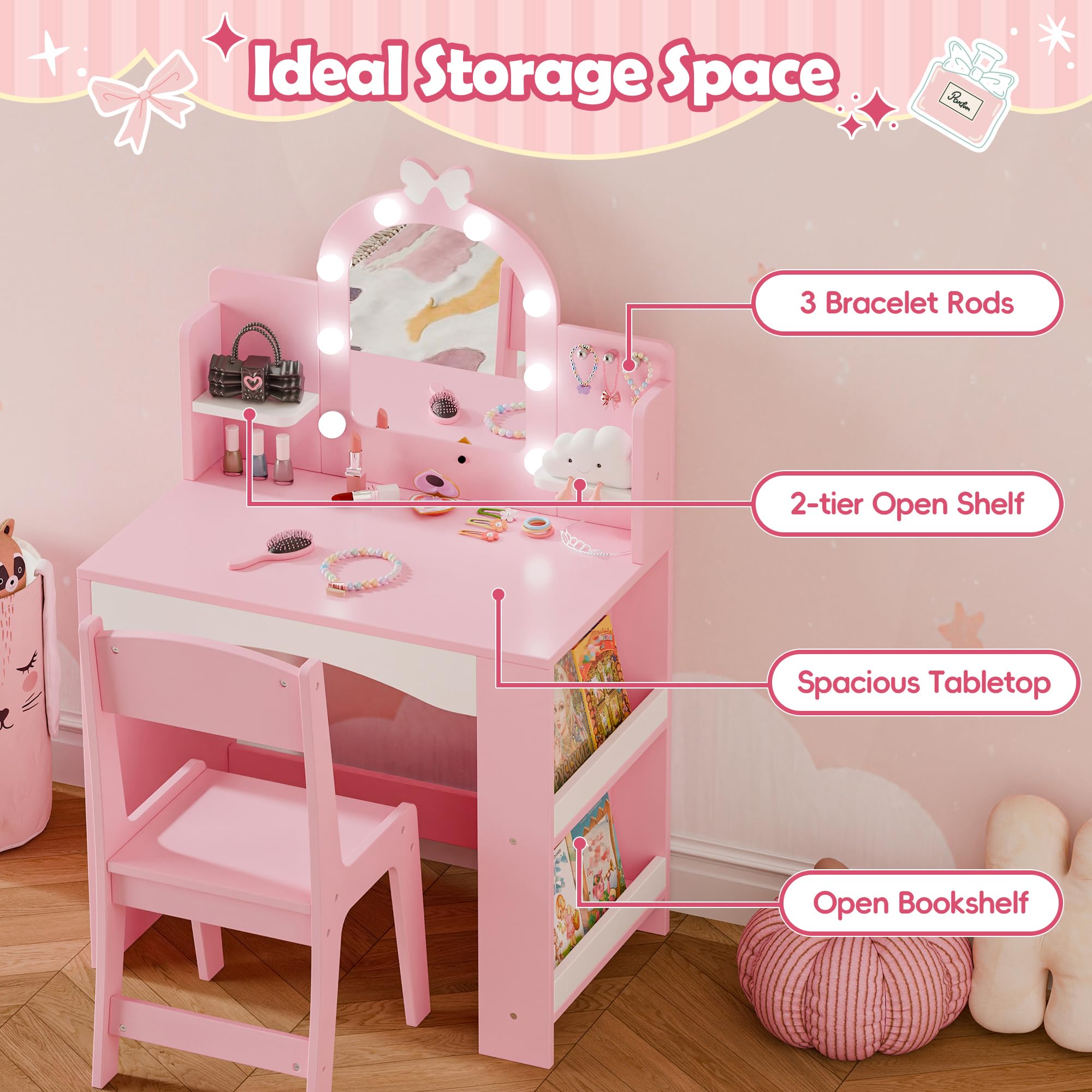 Kids Vanity with LED Mirror and Storage