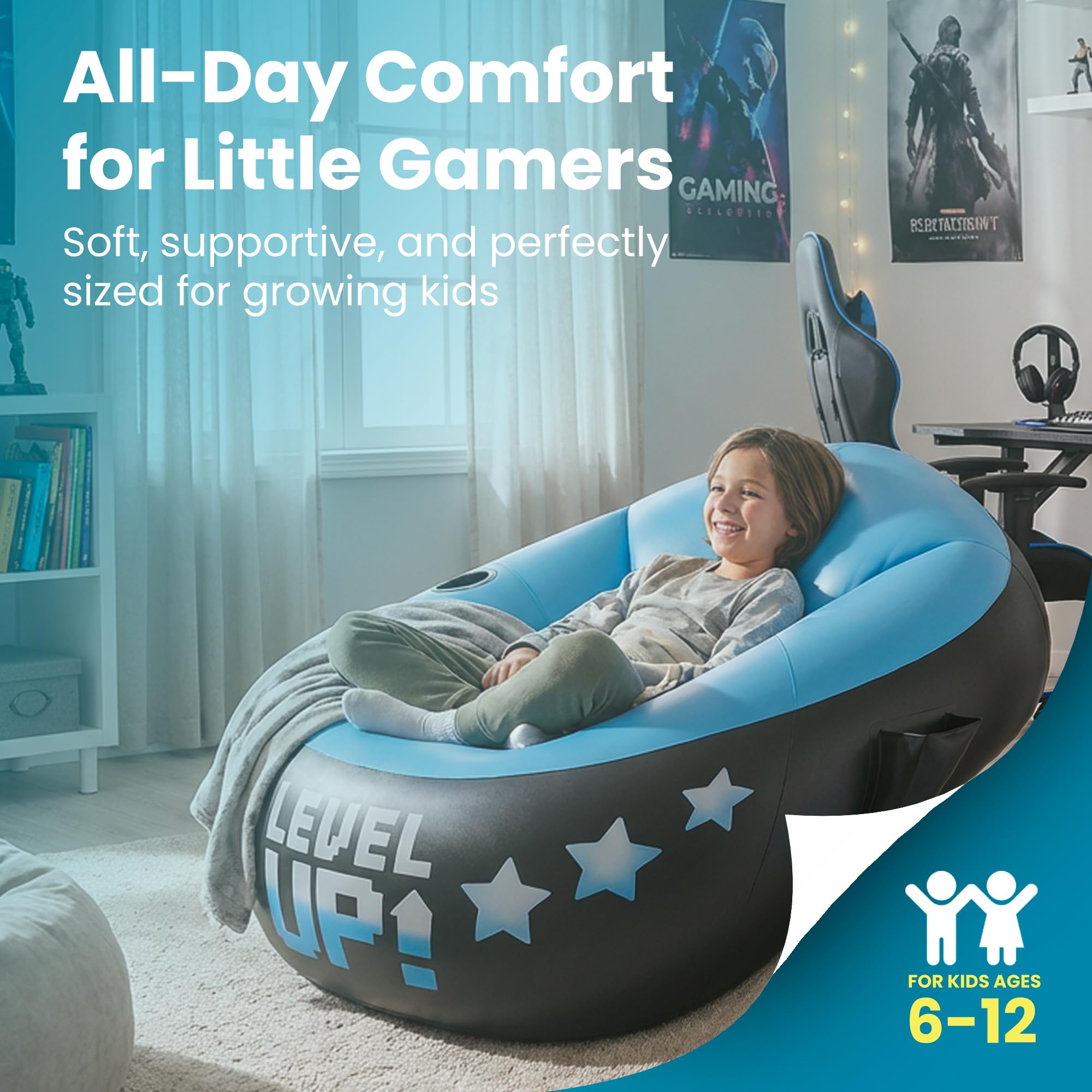 Inflatable Gaming Chair for Kids with Cup Holder and Storage Pockets