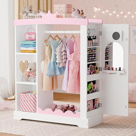 Kids Armoire with Jewelry Cabinet, Dress up Storage with Mirror