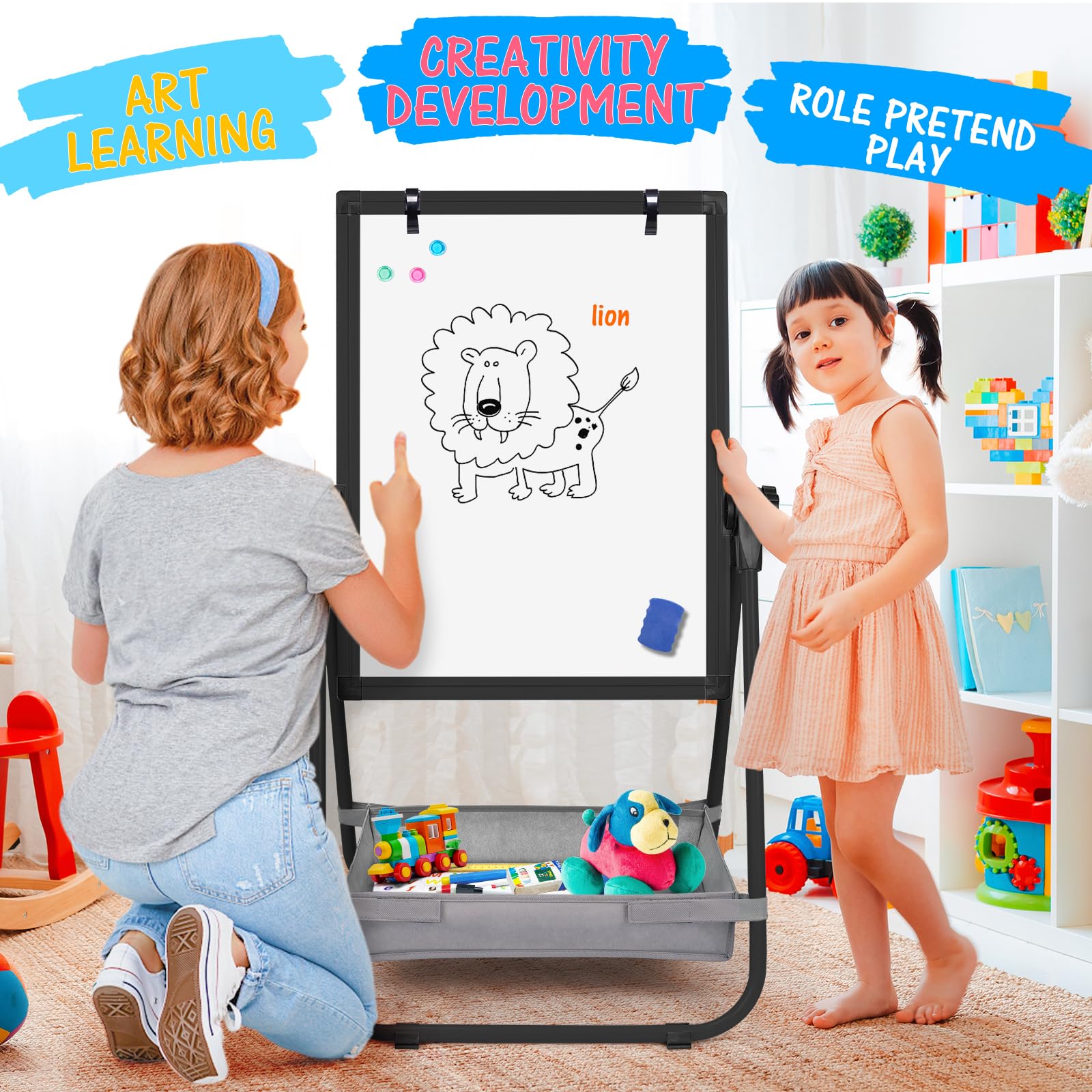 WEYOUNG Kids Easel for Toddlers, Adjustable Standingg Metal Toddler Whiteboard & Chalkboard, Magnetic Art Easel for Kids Age 2-4 4-8 9-12, Black