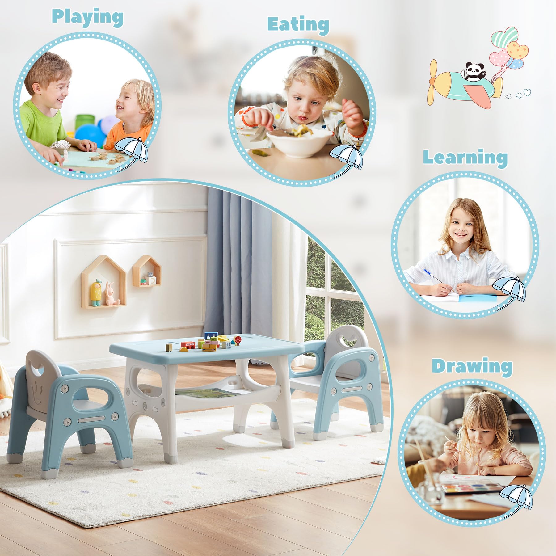 Kids Table and Chairs Set with Built-In Storage