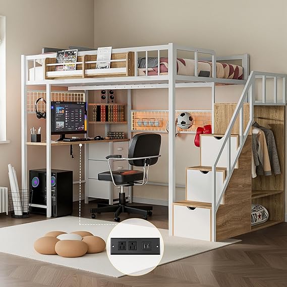 Twin Loft Bed with Desk, Storage Stairs & Wardrobe