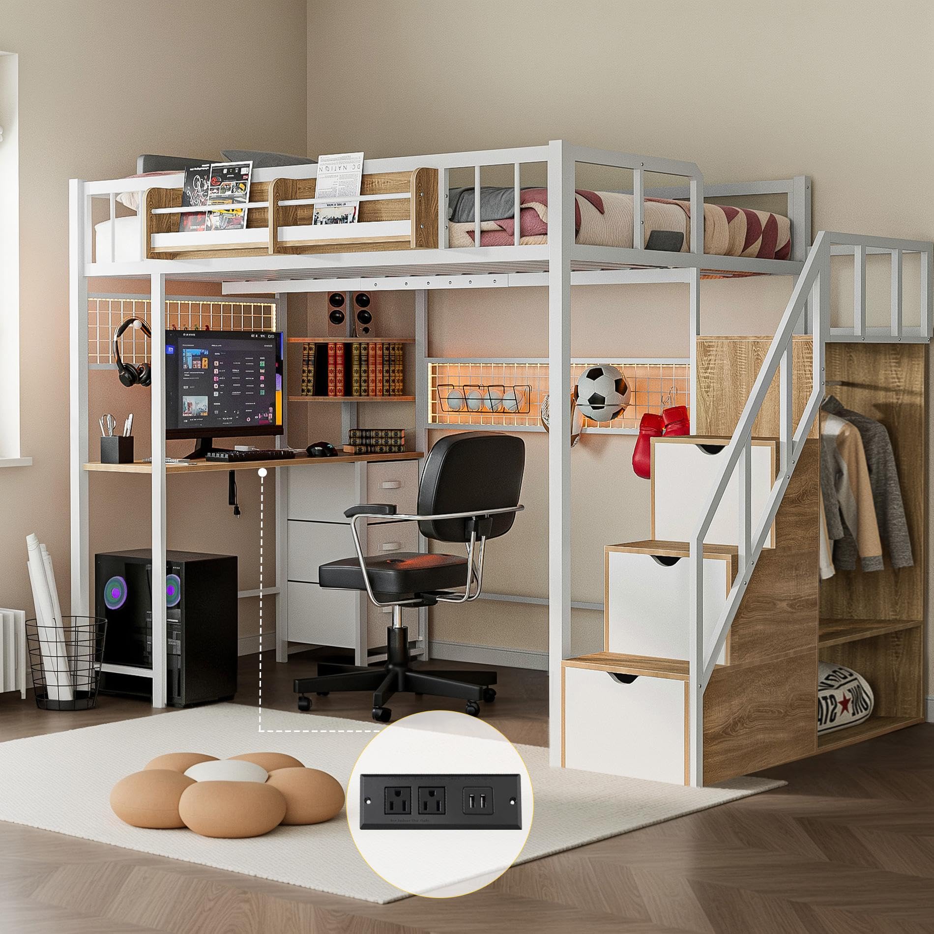 Twin Loft Bed with Desk and Storage Stairs