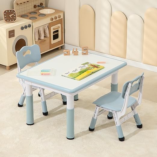 Toddler Table and 2 Chairs, Height-Adjustable Kids Table and Chairs Set