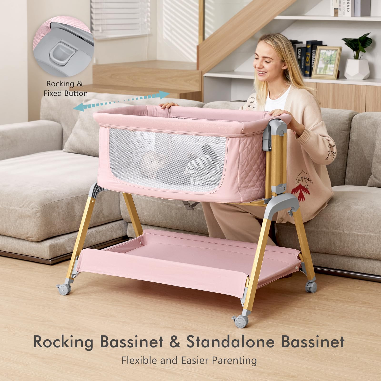 Bassinet Bedside Sleeper with 5-Height Adjustable Rocking Feature