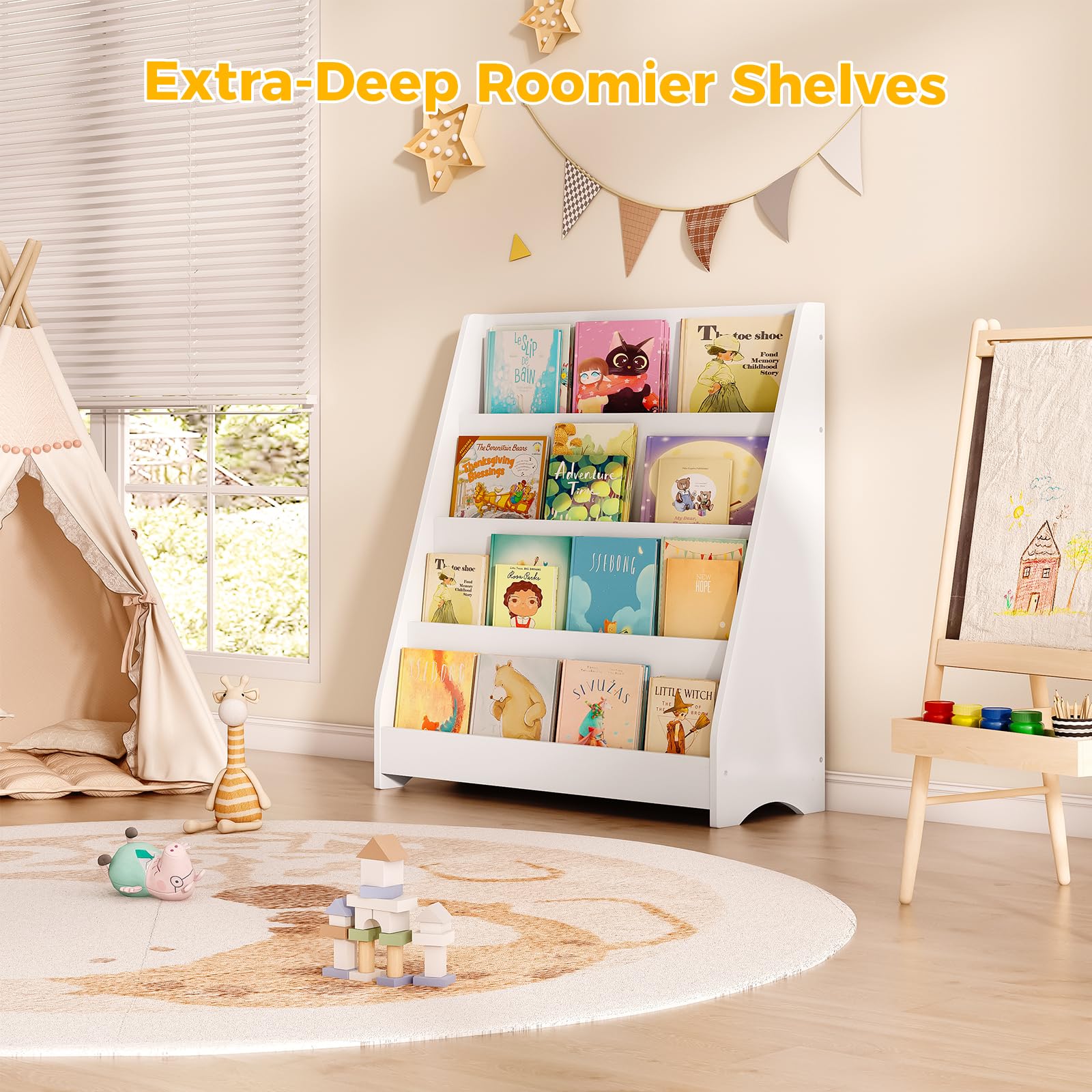 4 Tier Kids Wooden Bookshelf, Toddler Sling Bookcase Montessori