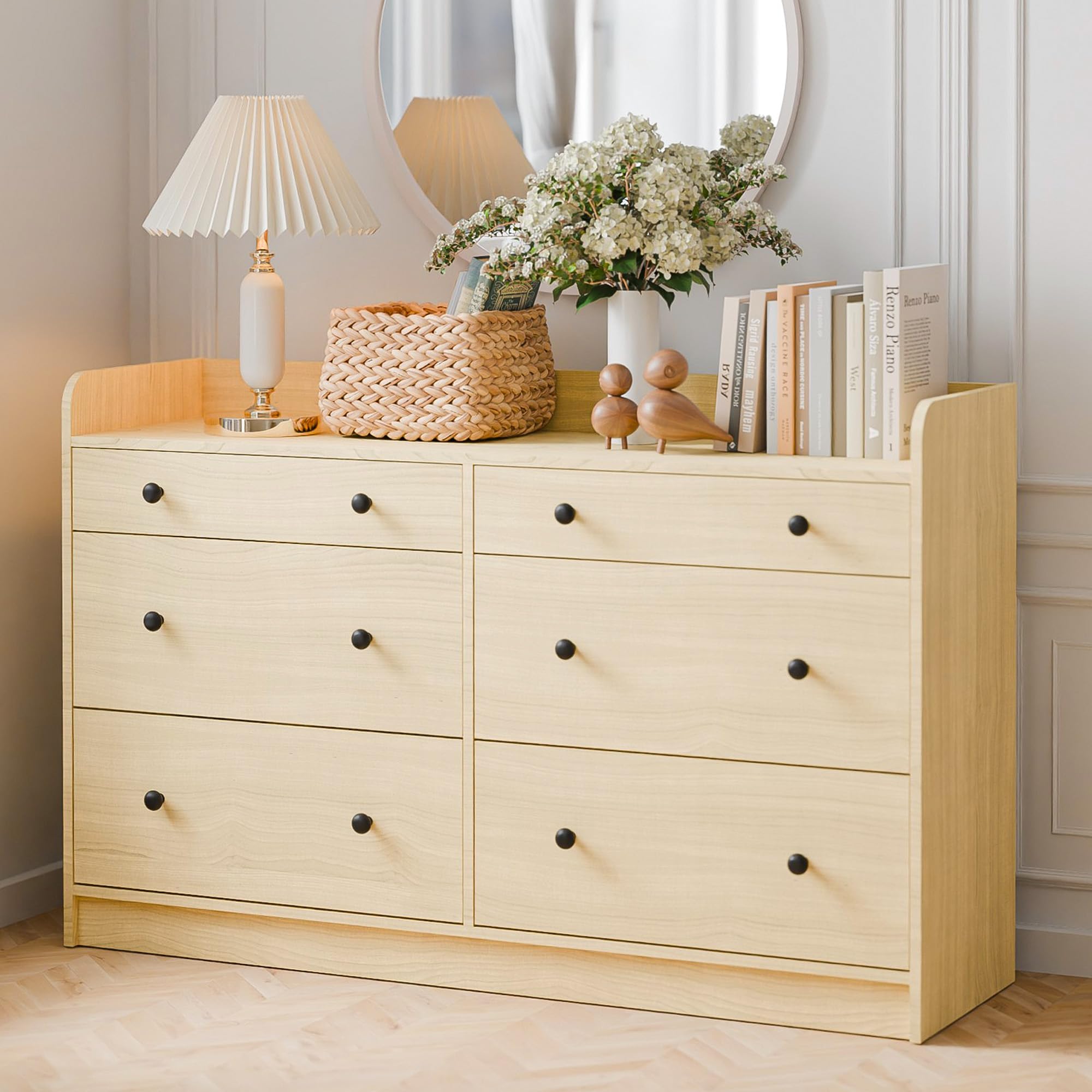 6 Drawer Wood Dresser Cabinet 52 Inch Long Modern Sideboard