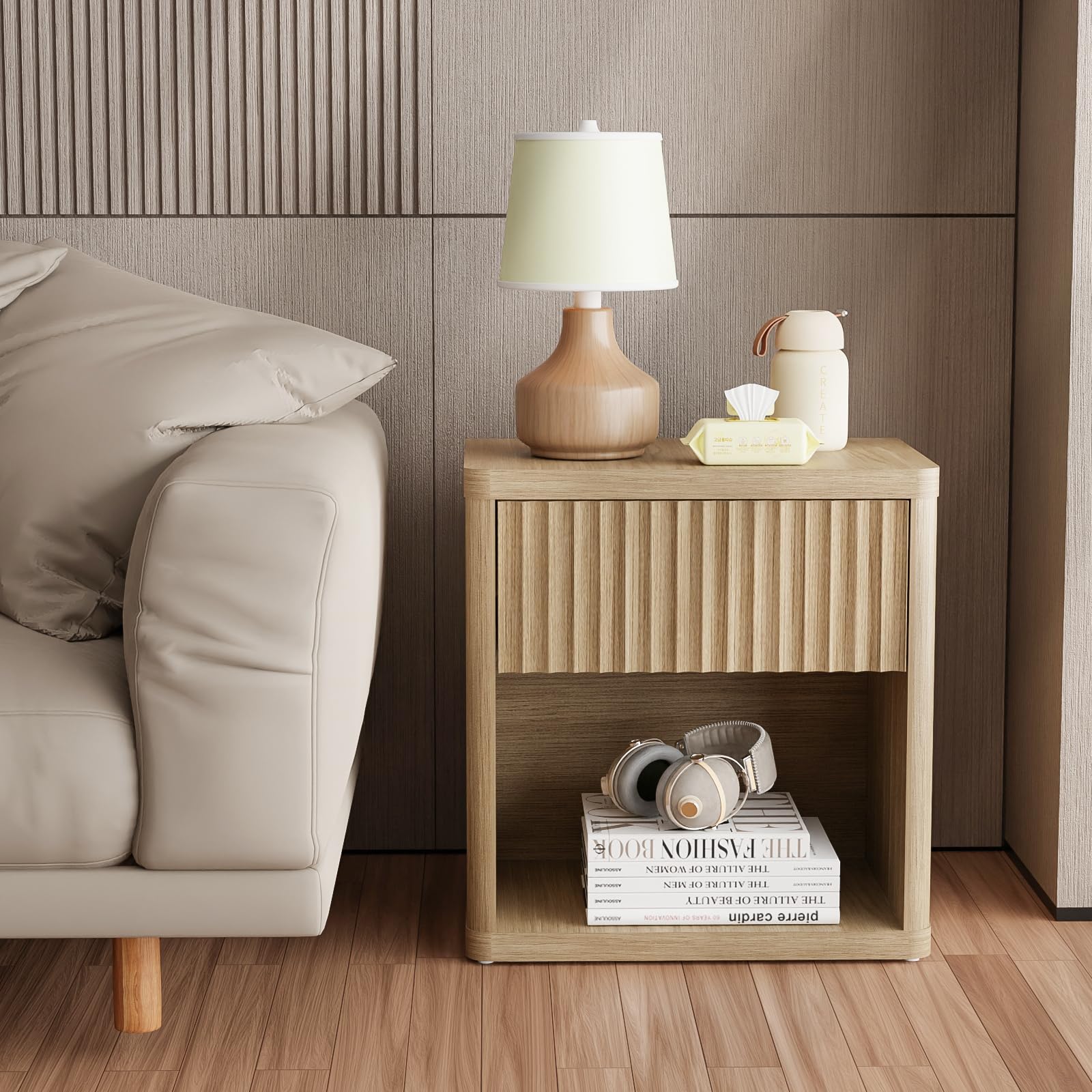Large Modern Nightstand with Drawer Storage 22.8Inch Wide Fluted