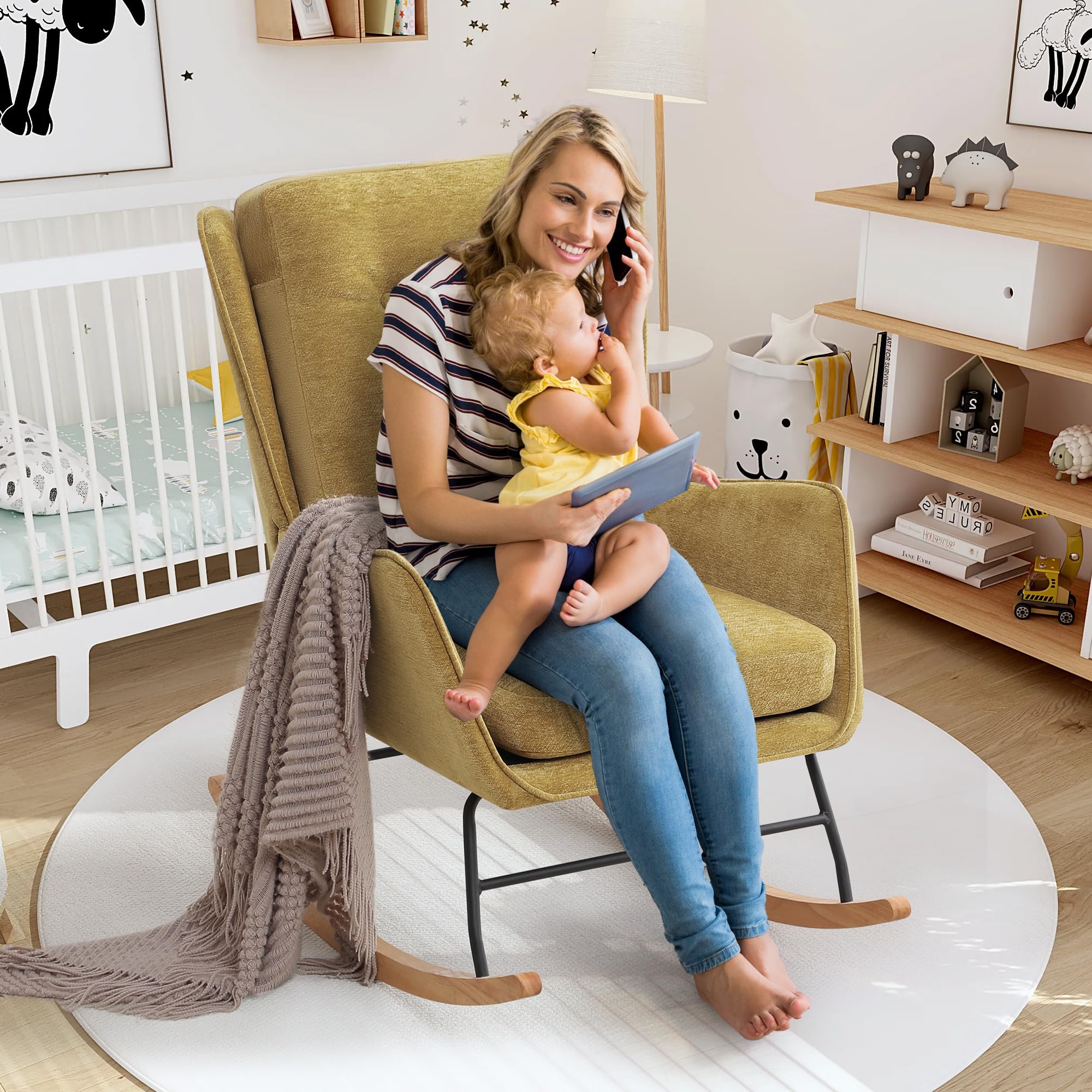 Nursery Rocking Chair with High Backrest